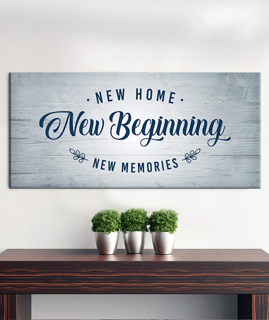 Wood Framed Canvas Wall Art - Inspirational 'New Home New Beginning' Quote - Rustic Home Decor for Living Room, Bedroom, Office - Perfect Housewarming Gift (Navy Blue, 42x19) - Ideal for Farmhouse, Apartment & Wedding Decor