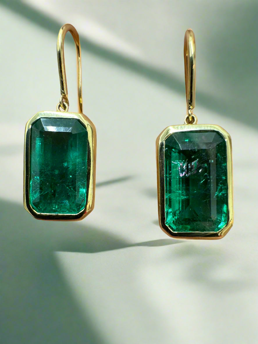 7.90tcw Deep Green Natural Emerald Bezel Set Drop & Dangle Hook Earrings in 18K Gold - Elegant Jewelry for Weddings, Parties & Special Occasions