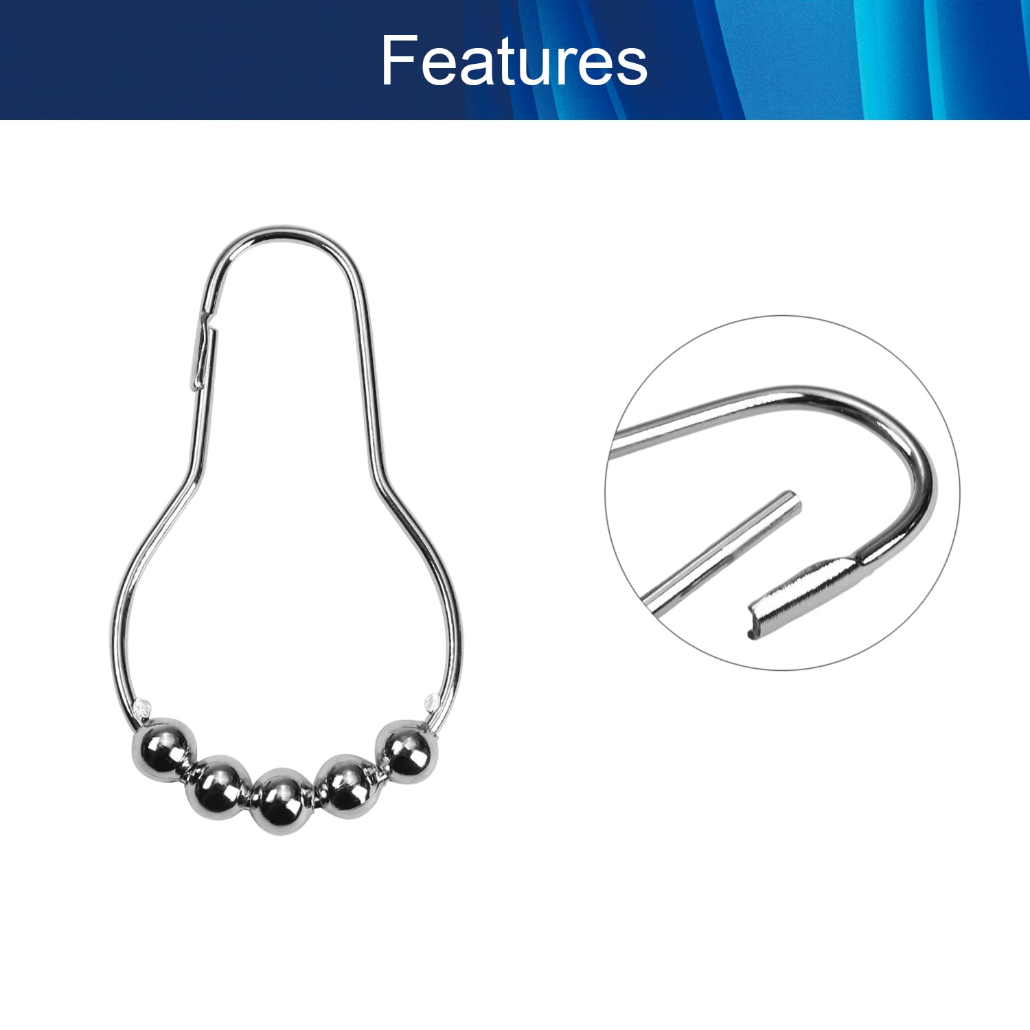 Rust-Resistant Metal Shower Curtain Rings - 6 Pack Hooks for Rolling Bathroom Shower Rods | Durable Curtain Hangers for Bath & Shower Accessories | Perfect for Home, Hotel & Spa Bathroom Upgrades