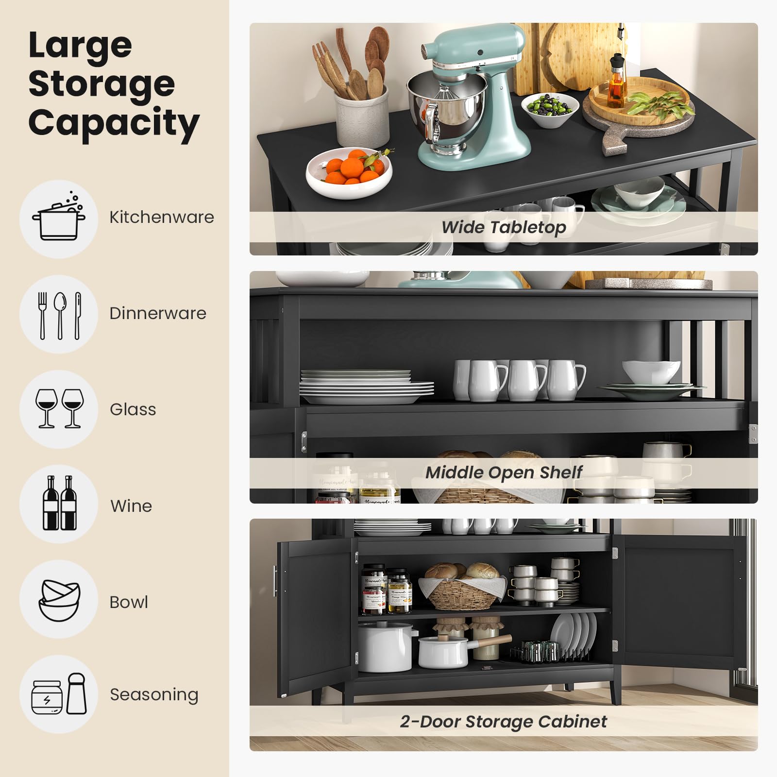 LOKO Buffet Cabinet with Storage - Freestanding Kitchen Cabinet with Adjustable Shelf, Sideboard Console Table for Dining Room, Living Room, Entryway - 45 x 20 x 36 Inches, Black