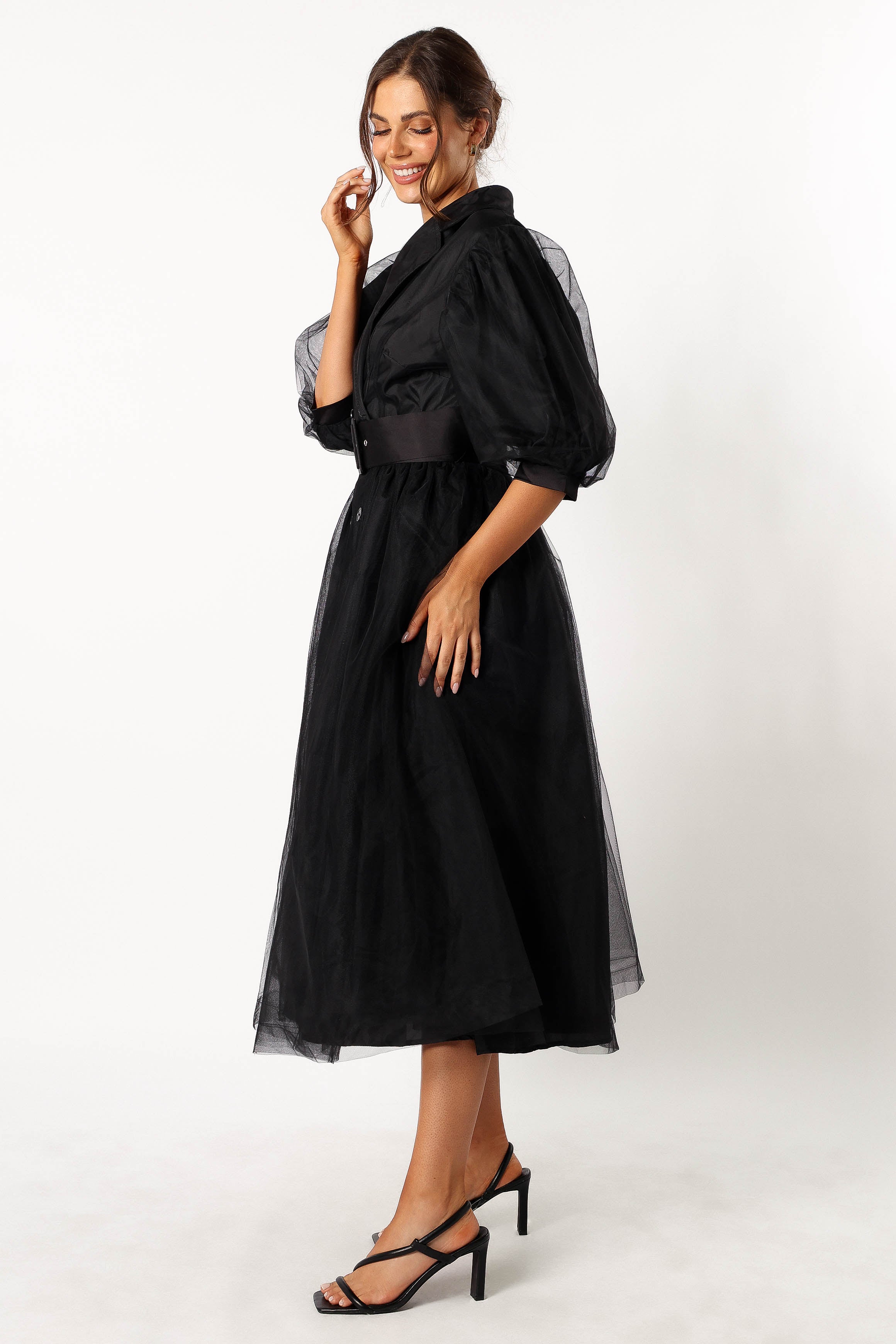 Bettie Belted Midi Dress for Women - Elegant Black Waist-Cinching Dress for Work, Party & Special Occasions