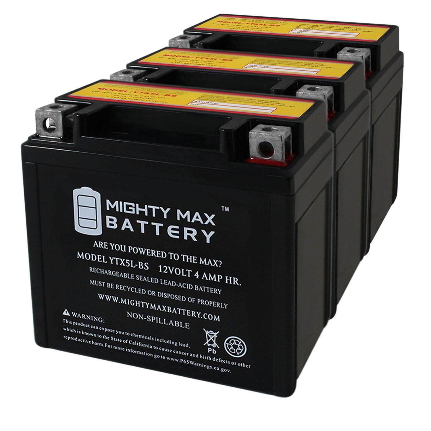 Mighty Max YTX5L-BS 12V 4AH Rechargeable Battery - 3 Pack Replacement for Beta RR 520 2005-2009 Motorcycles | Powers Dirt Bikes, ATVs & Powersports Vehicles
