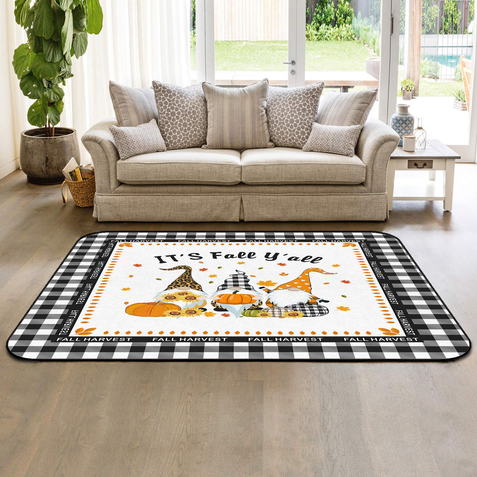 5' x 7' Modern Gnome Pumpkin Sunflower Checkered Area Rug - Soft Nursery Carpet for Kids Room, Durable Indoor/Outdoor Floor Mat for Living Room, Bedroom, Patio & Play Areas