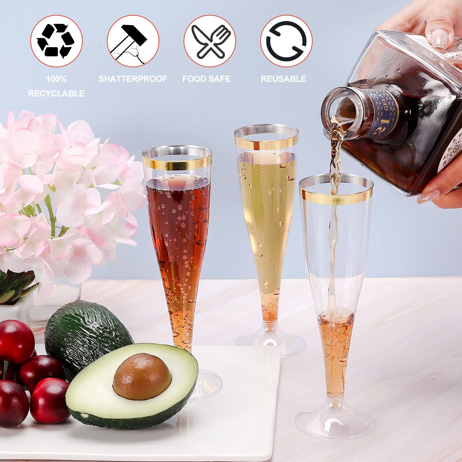 50 Pack Gold Rim Disposable Plastic Champagne Flutes - 4.5 Oz Clear Mimosa Glasses for Wedding, Party & Special Events - Elegant Toasting Cups for Celebrations, Bridal Showers & New Year's Eve