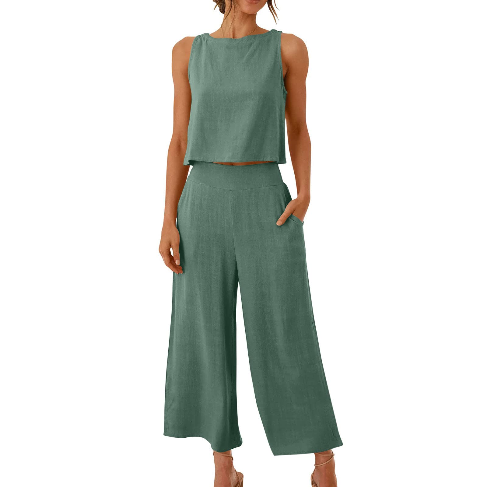 2025 Women's Summer Outfits - 2 Piece Linen Set with Sleeveless Crop Top & Wide Leg Capri Pants | Casual Vacation Wear for Beach, Travel & Outdoor Activities