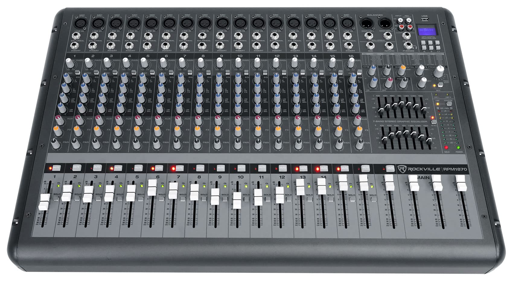 Rockville RPM1870 18-Channel 6000W Professional Powered Mixer with USB, Built-In Effects & 16 XDR2 Mic Preamps – Perfect for Live Bands, DJs, and Studio Recording