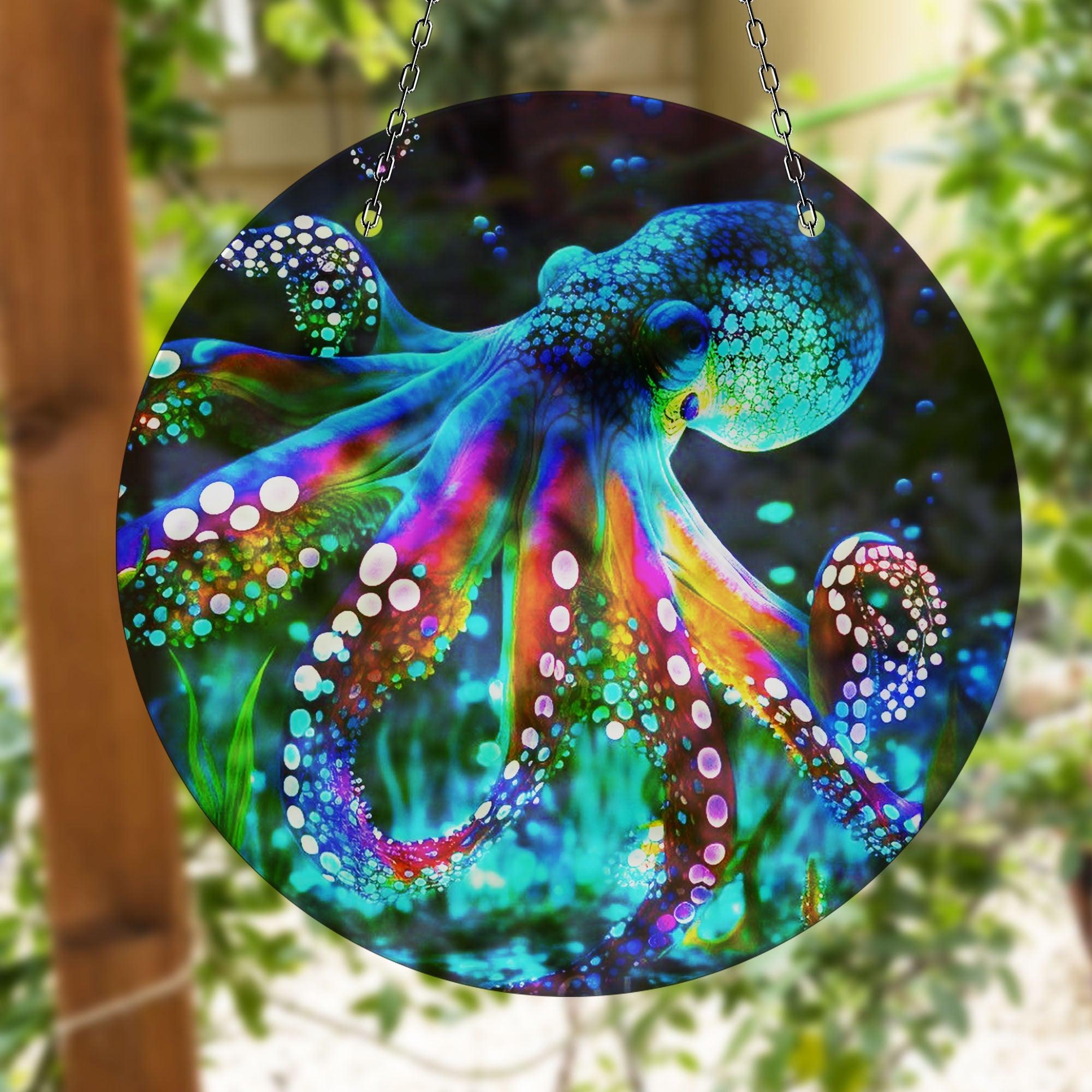 Blue Octopus Suncatcher - Handmade Glass Window Decor for Home & Garden - Perfect for Living Room, Bedroom, Nursery & Office Decor