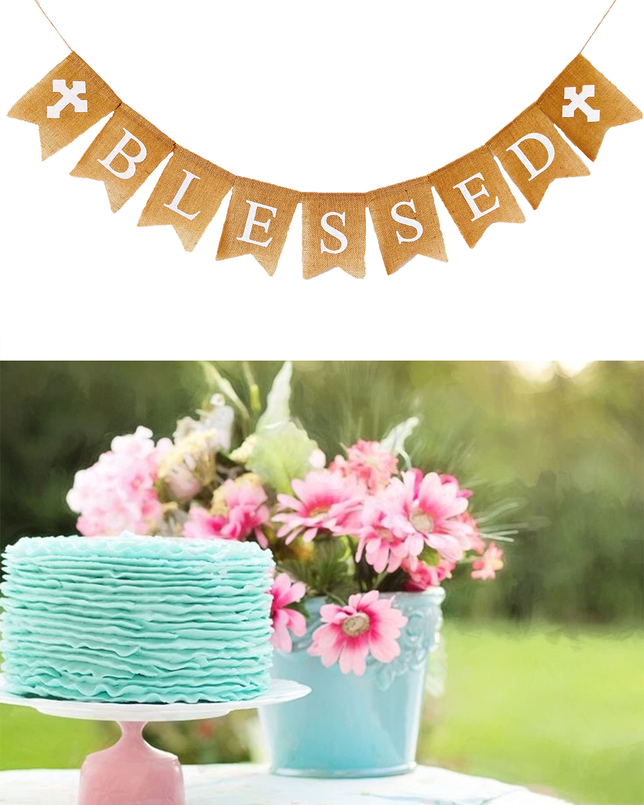 Blessed Burlap Banner - Religious Decor for Baptism, Easter, Christening, First Communion & Confirmation | Cross Design for Baby Shower, Wedding & Birthday Party | Perfect for Church Events & Christian Celebrations