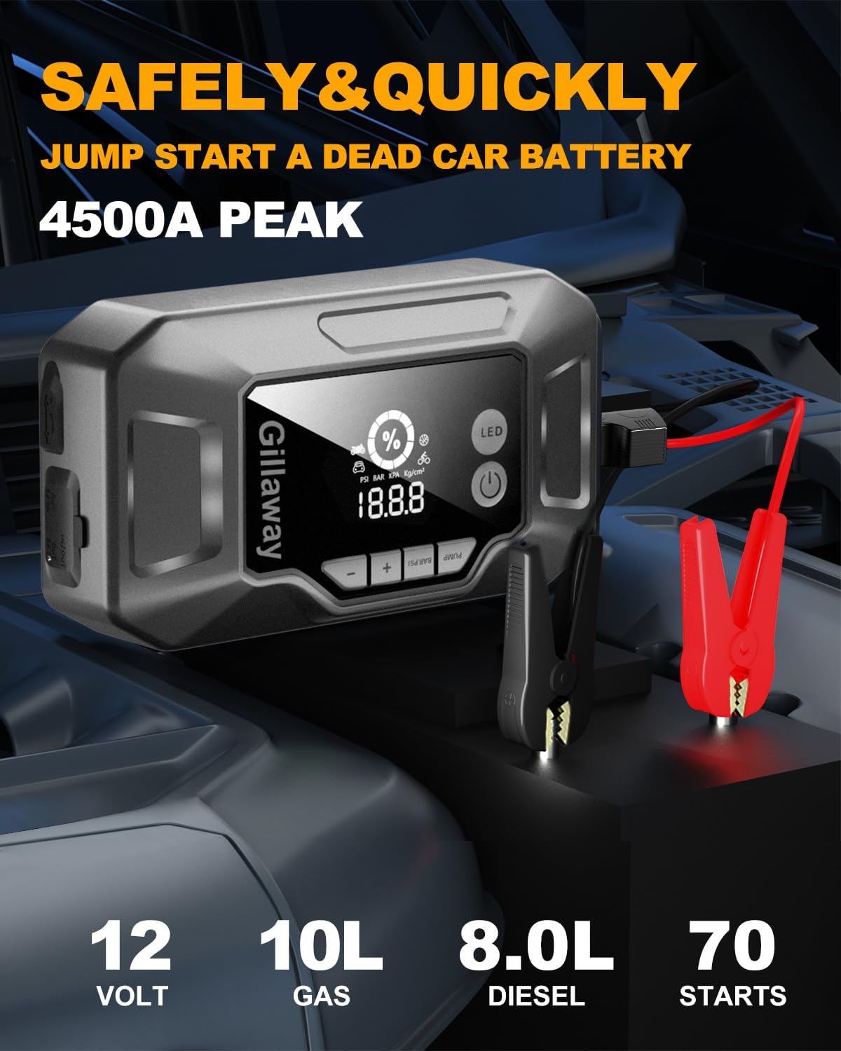 Q11 4500A Portable Car Jump Starter with Air Compressor (150PSI) - 10L Gas/8.0L Diesel Engine Starter, QC 3.0 Power Bank & Tire Inflator - Emergency Roadside Assistance for Cars, Trucks, SUVs & Motorcycles