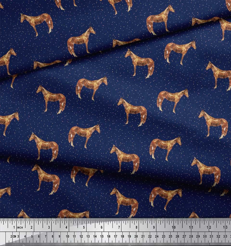 Soimoi Blue Polyester Crepe Fabric by The Yard - 42 Inch Wide Horse & Dot Animal Print - Modern Nature-Inspired Textile for Dresses, Curtains & DIY Crafts