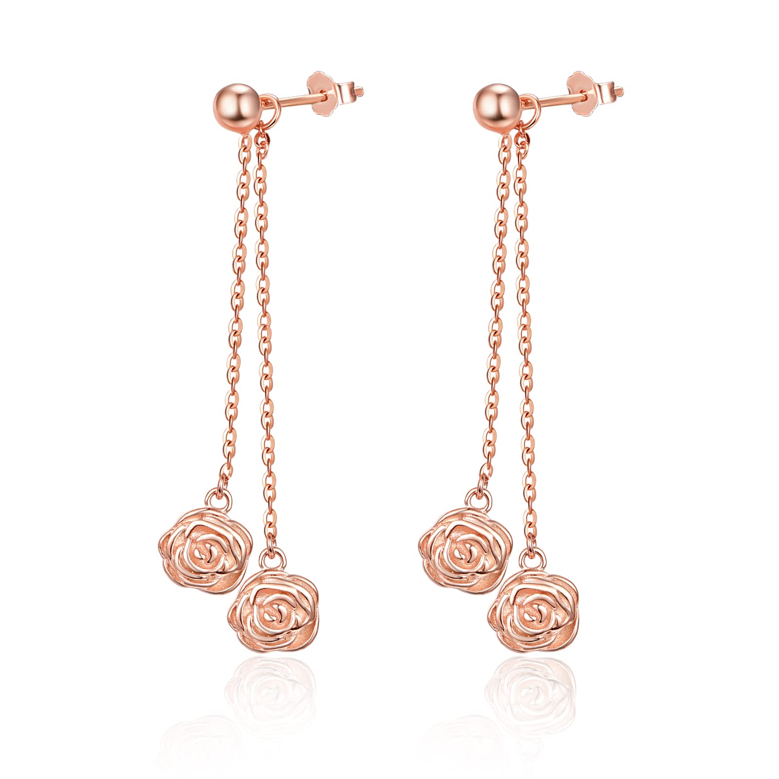 Sterling Silver Rose Dangle Earrings for Women - Elegant Double Long Chain Drop Earrings, Perfect Valentine's Day Gift, Birthday Present & Anniversary Jewelry - Ideal for Date Nights, Weddings and Special Occasions