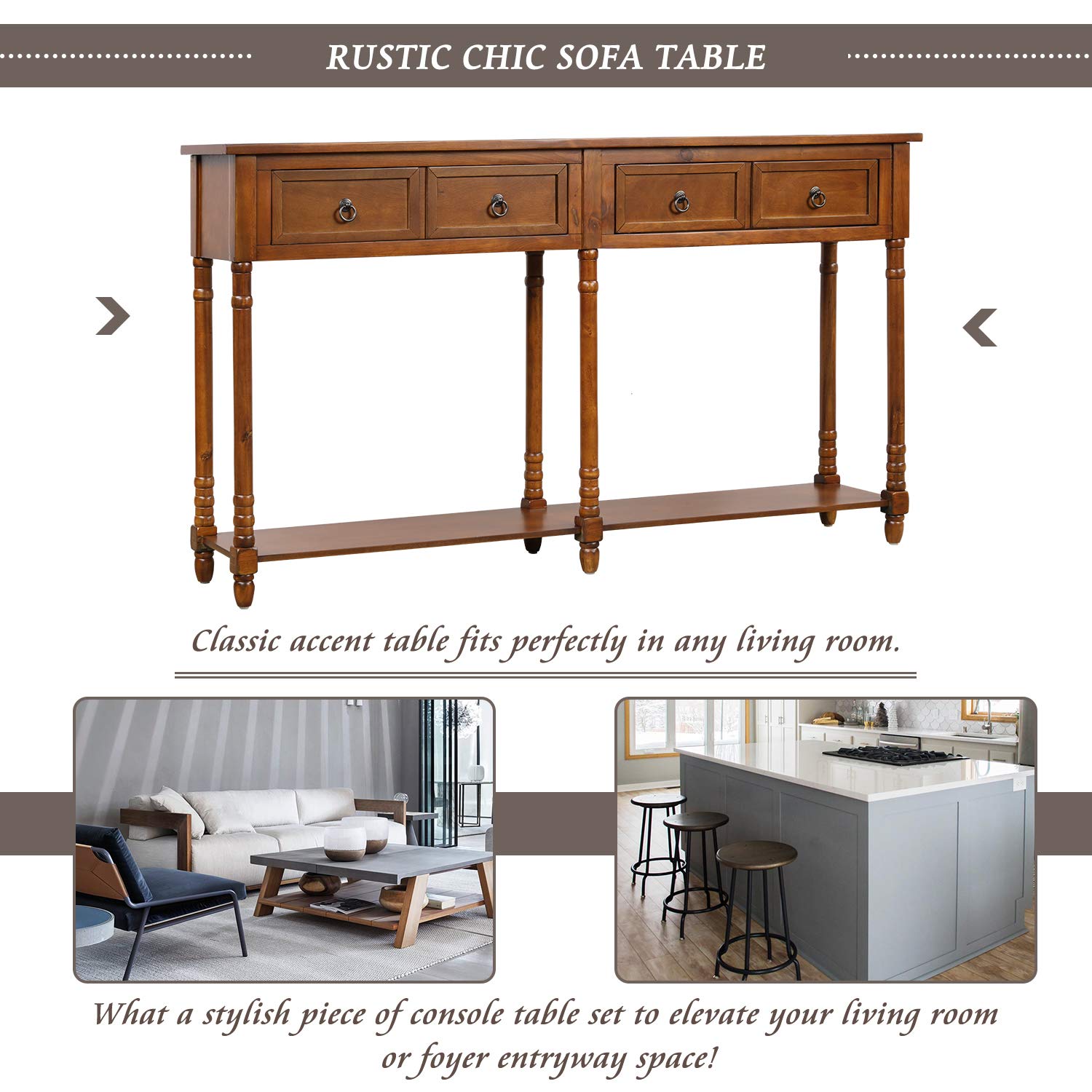 Rustic Wood Console Table with 2 Storage Drawers & Bottom Shelf - Entryway Sofa Table for Living Room, Hallway, Foyer (Walnut Finish) - Perfect for Home Decor, Small Space Organization & Entry Storage Solutions