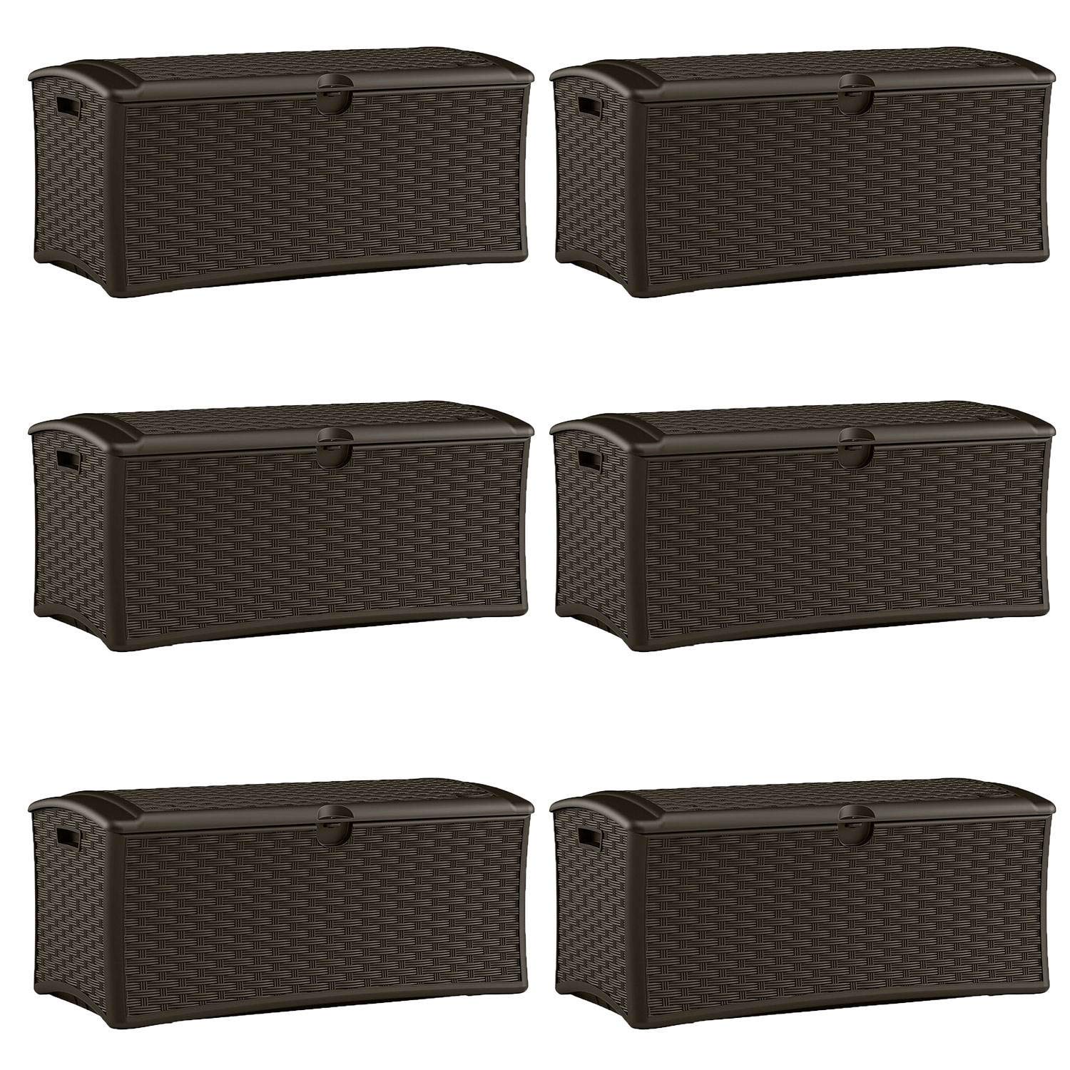 Suncast 72 Gallon Resin Wicker Outdoor Patio Storage Deck Box - Weatherproof Deck Box for Cushions, Pool Toys & Garden Tools - Brown (6 Pack) - Perfect for Backyard, Poolside & Patio Organization