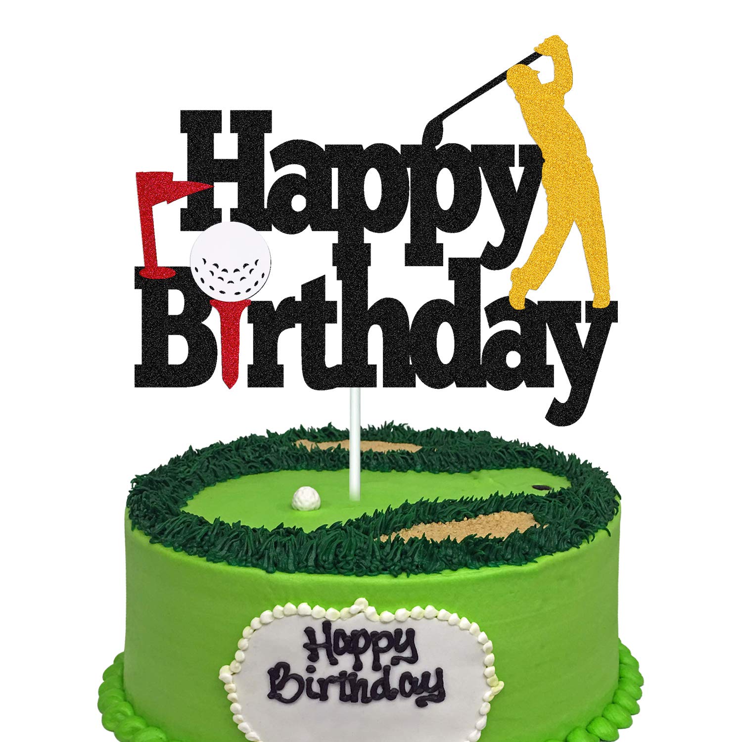 Golf Cake Topper - Happy Birthday Sign with Golf Ball Player Design for Sports Theme Parties | Double Sided Black Sparkle Decor for Men, Women & Kids Birthday Cakes | Perfect for Golf Lover's Birthday Celebration, Retirement Party & Sports Themed Events