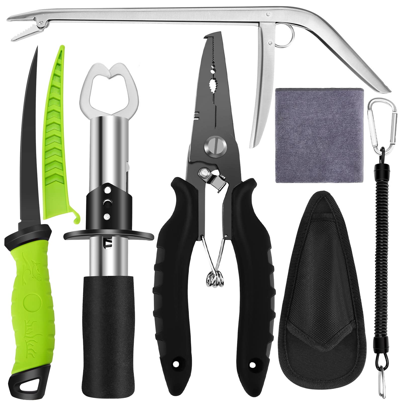 **Premium Fishing Tool Kit - Stainless Steel Fishing Pliers, Hook Remover, Fish Gripper, Scale & Knife | Saltwater & Freshwater Fishing Gear with Sharpeners | Ideal Gift for Anglers & Outdoorsmen | Perfect for Boat, Shore & Ice Fishing Adventures**