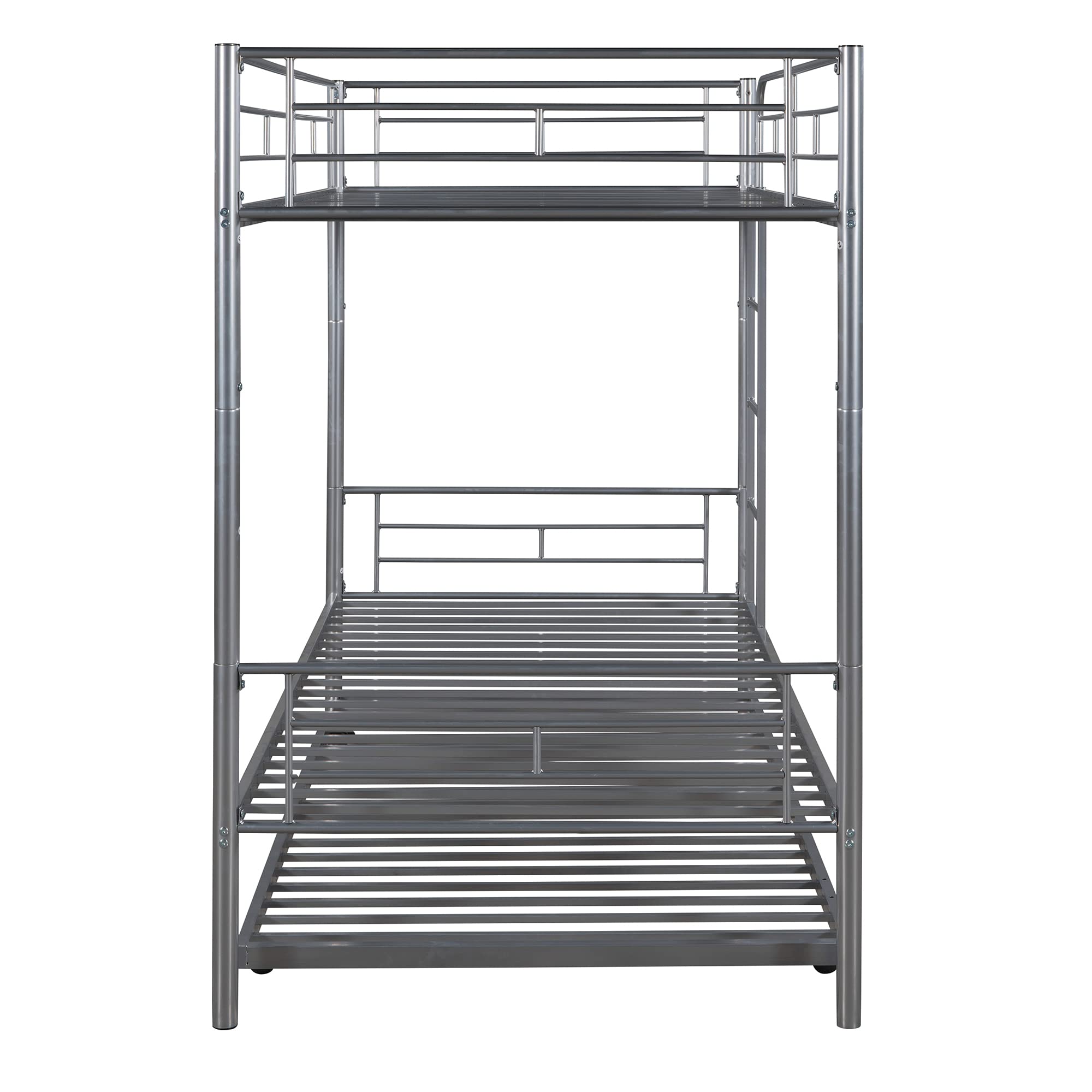 P PURLOVE Twin Over Twin Metal Bunk Bed with Trundle - Convertible to 2 Separate Beds - Space-Saving Design with Ladder - No Box Spring Required - Silver Finish - Perfect for Kids' Rooms, Guest Rooms & Small Spaces