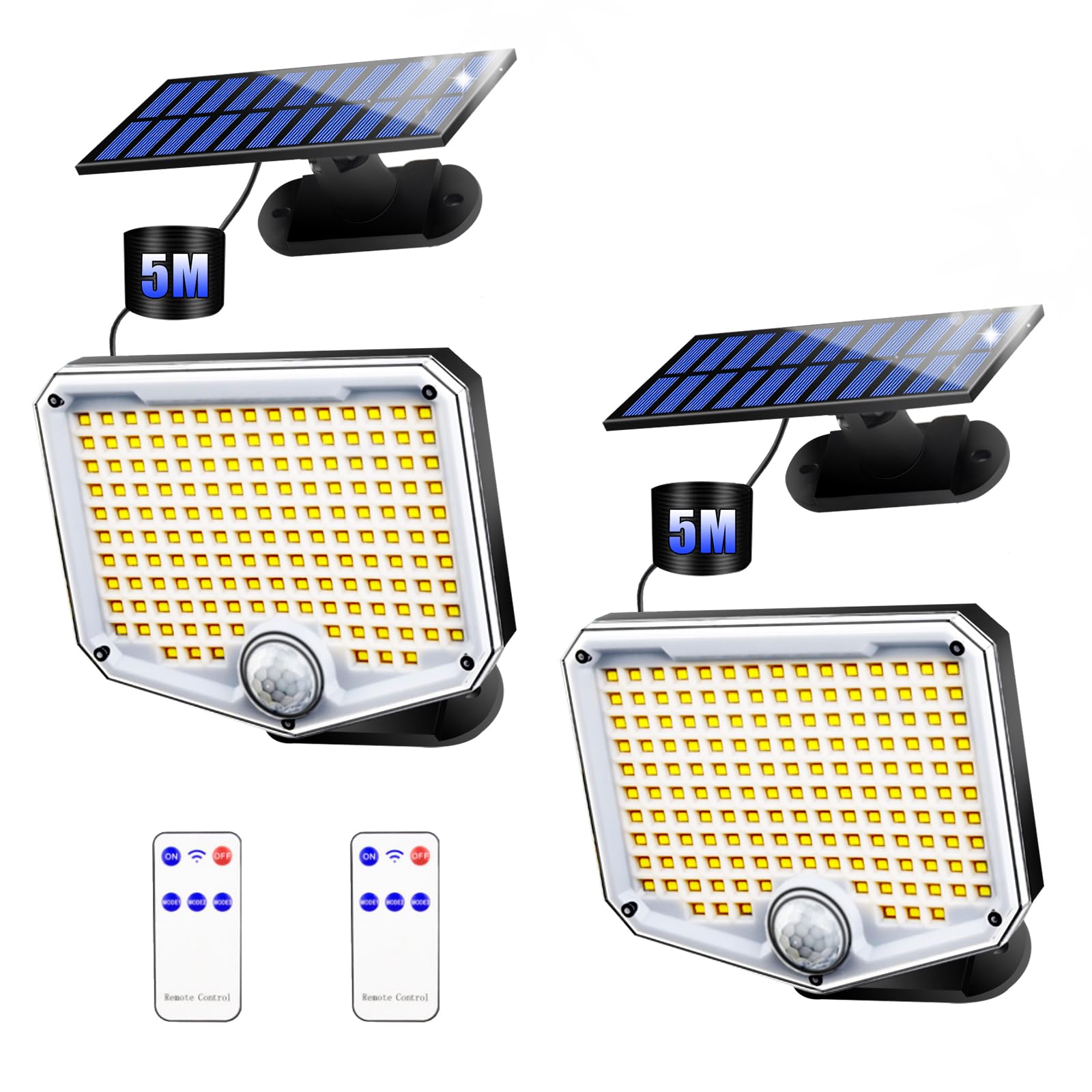 222LED Solar Security Lights Outdoor Motion Sensor - Waterproof Solar Flood Lights with Remote & 3 Modes, 16.4ft Cable (2 Pack) - Perfect for Driveway, Garden, Patio, and Backyard Lighting
