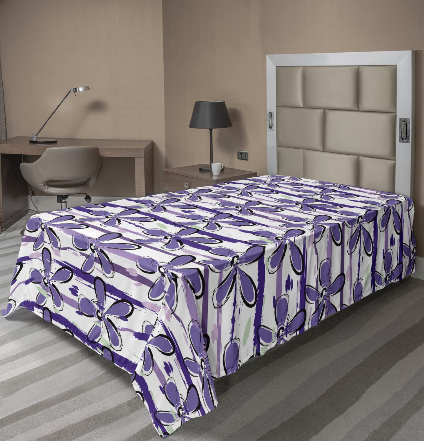Ambesonne Floral Flat Sheet - Watercolor Style Horizontal Flower Design, Soft Comfortable Twin XL Top Sheet for Bedroom Decor | White Lavender Bedding for Guest Rooms & Master Suites