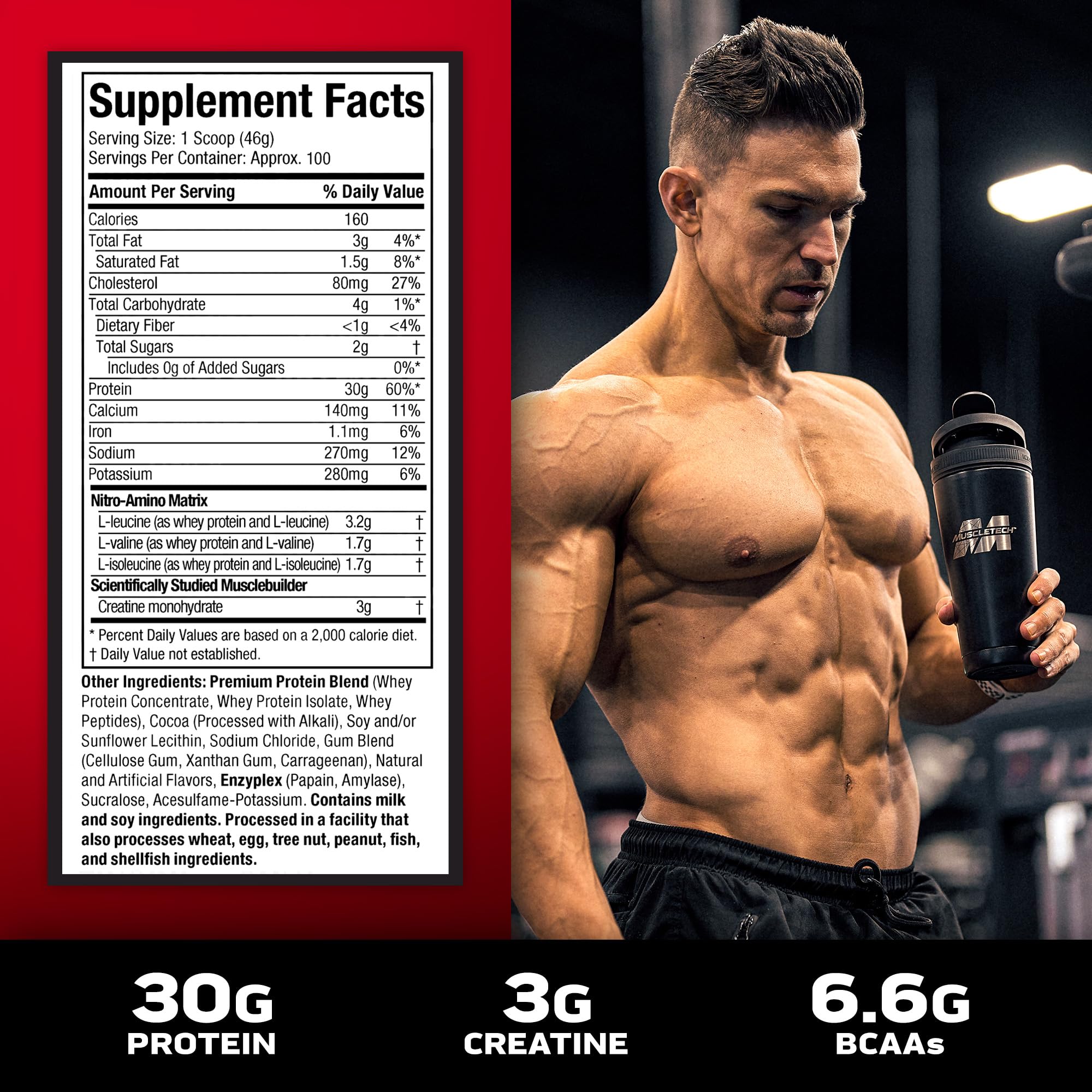 MuscleTech Nitro-Tech Whey Protein Powder - Milk Chocolate Flavor, 10 lbs - Premium Muscle Building Formula with Whey Protein Isolate & Peptides - 30g Protein, 3g Creatine & 6.6g BCAA per Serving - Ideal for Post-Workout Recovery & Muscle Growth
