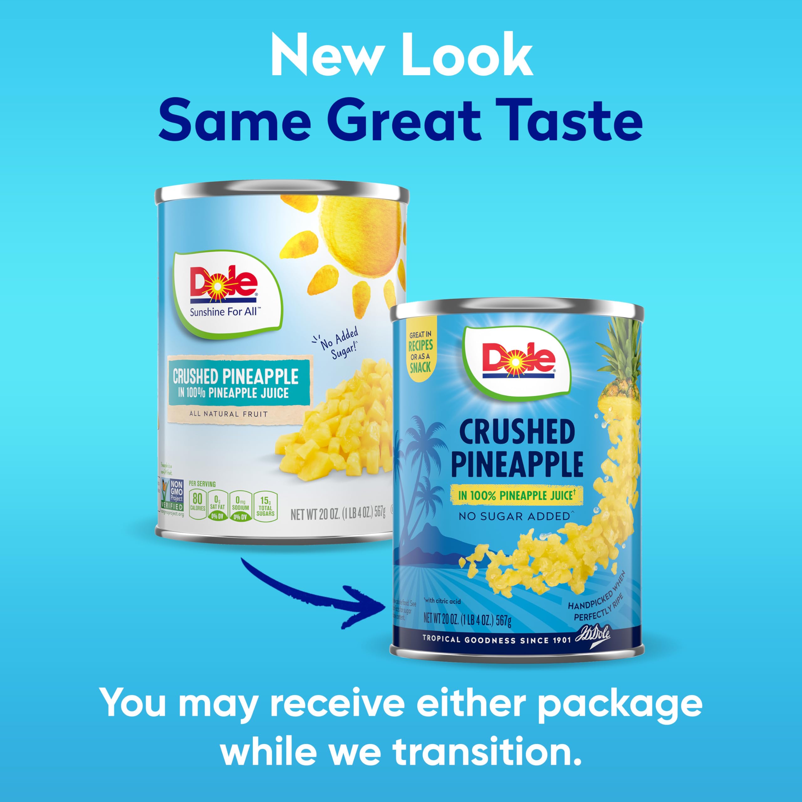 Dole Canned Crushed Pineapple in 100% Pineapple Juice - Gluten Free, 20 Oz (Packaging May Vary) - Perfect for Smoothies, Baking & Pantry Staples