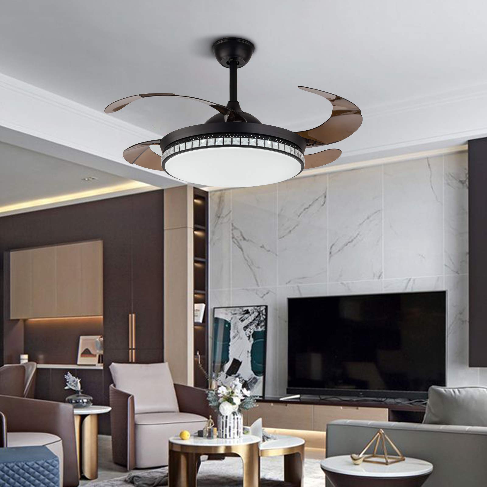 42 Inch Modern Crystal Ceiling Fan with Remote Control - 4 Retractable Blades, Quiet Motor & Timer Function - Energy Efficient Indoor Ceiling Light with Fan for Bedroom, Living Room, Kitchen (Black) | Perfect for Home Cooling & Stylish Lighting Decor