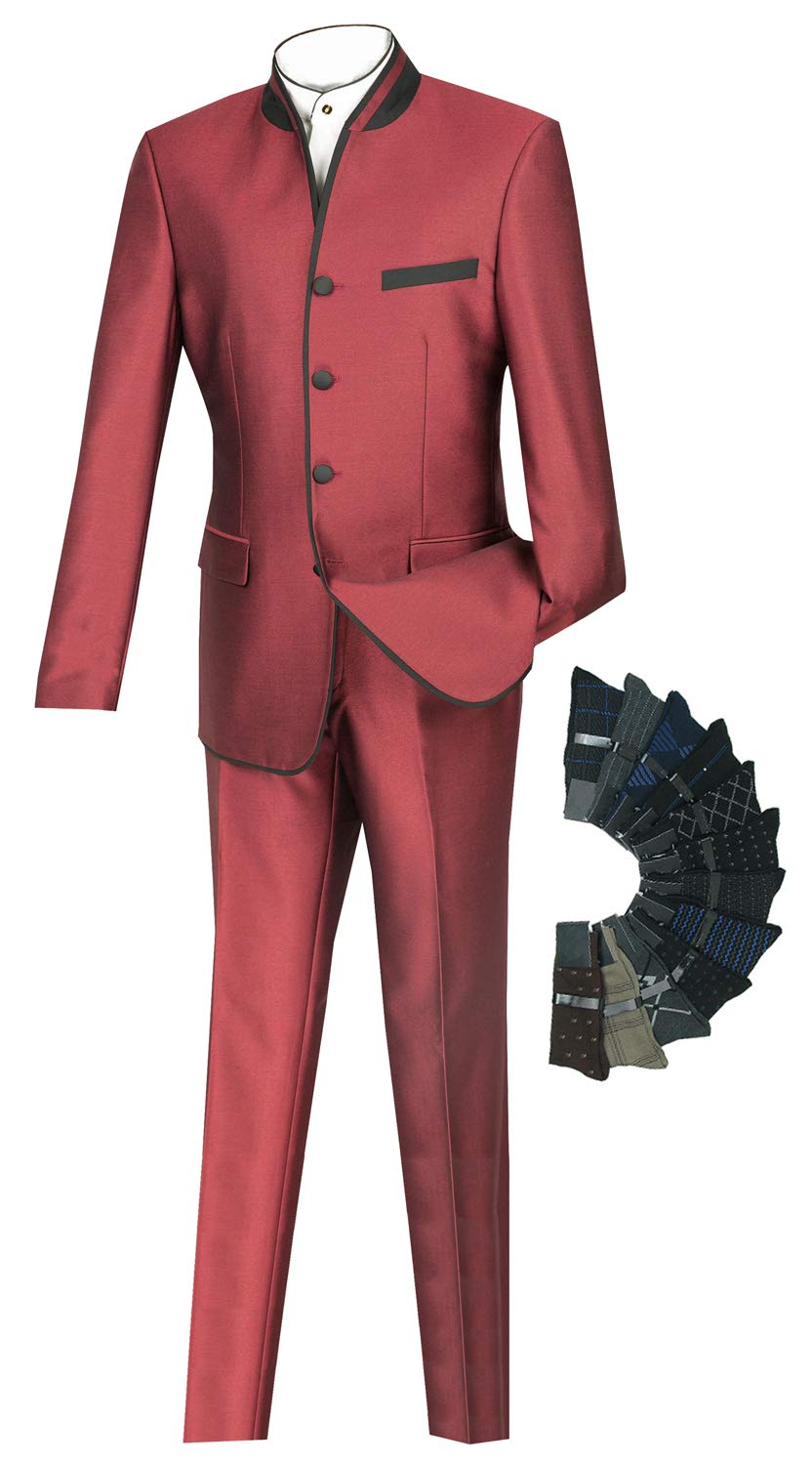 Slim Fit Mandarin Collar Nehru Jacket Suit with Banded Trim - Includes 1 Pair of Socks | Formal Wear for Weddings, Business Meetings & Special Occasions
