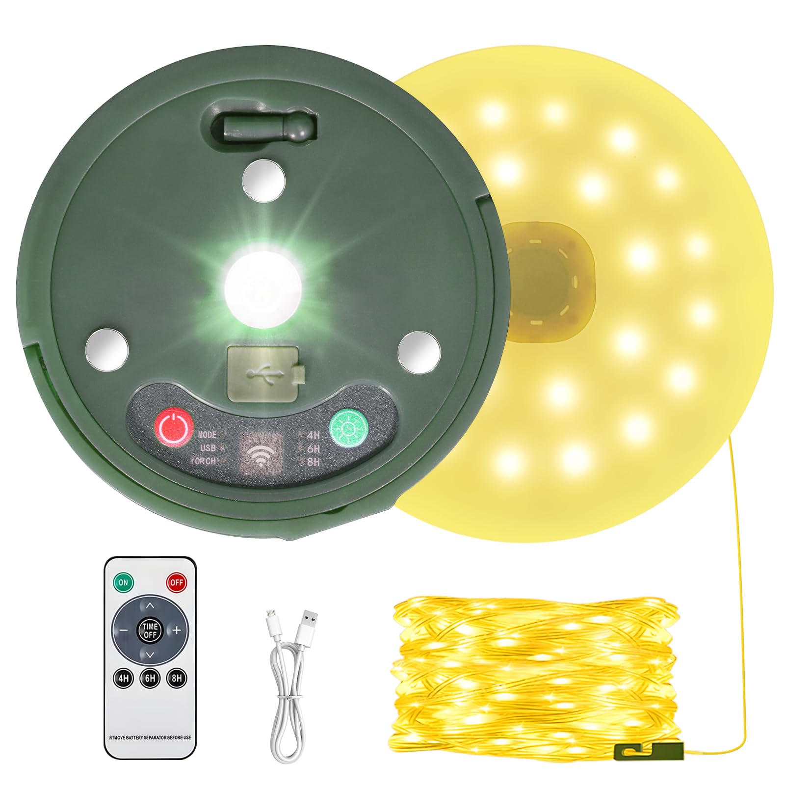 HELESIN 3-in-1 Waterproof Portable String Lights - USB Rechargeable Outdoor Camping Lights with 8 Lighting Modes for Tent, Backyard, RV & Patio (Warm White) - Perfect for Camping Trips, Backyard Parties and Outdoor Decorations