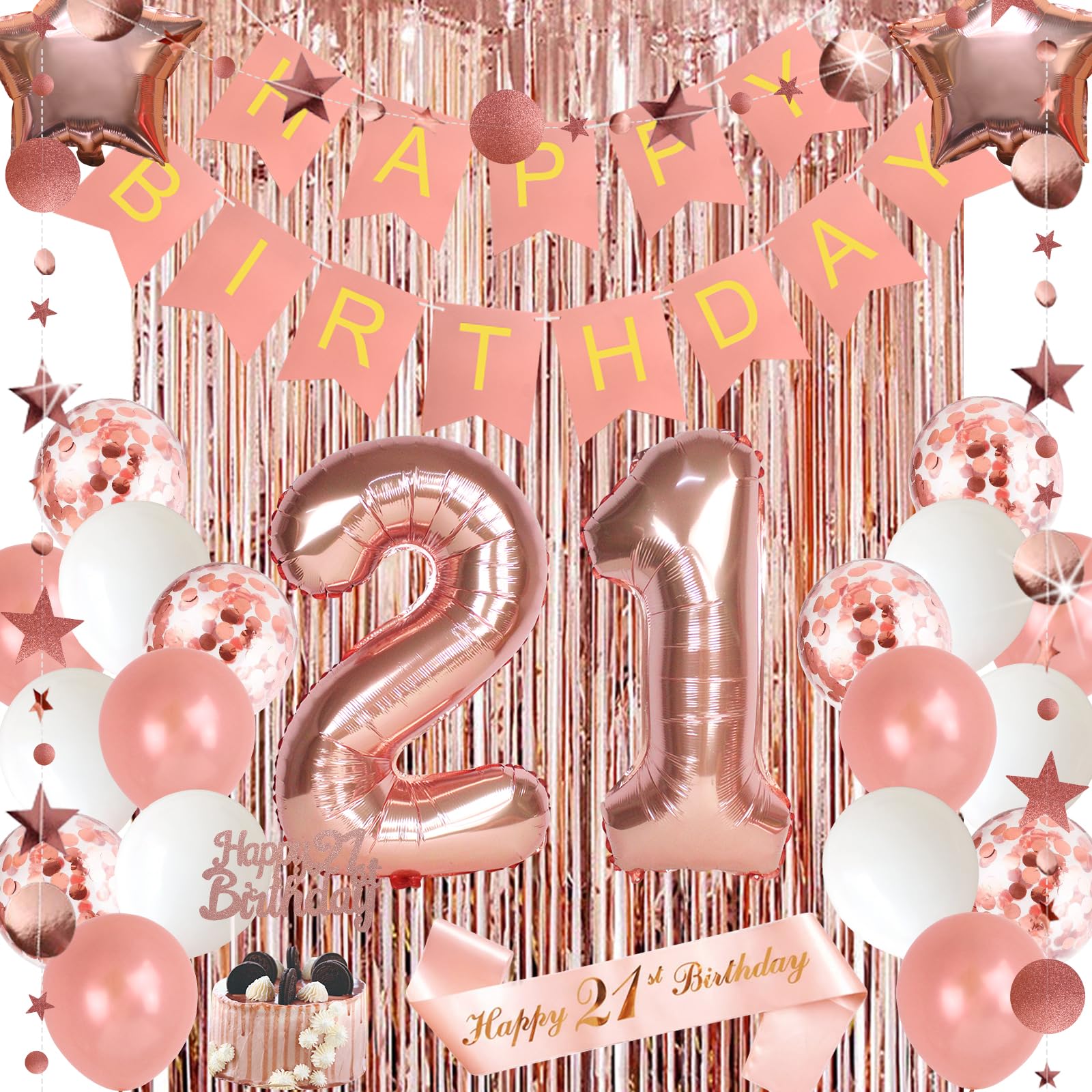 21st Birthday Party Decorations Set - Happy Birthday Banner, Cake Topper, Sash & 21 Foil Balloons for Women's Milestone Celebration | Perfect for Anniversary Decor, Backdrop & Special Occasions
