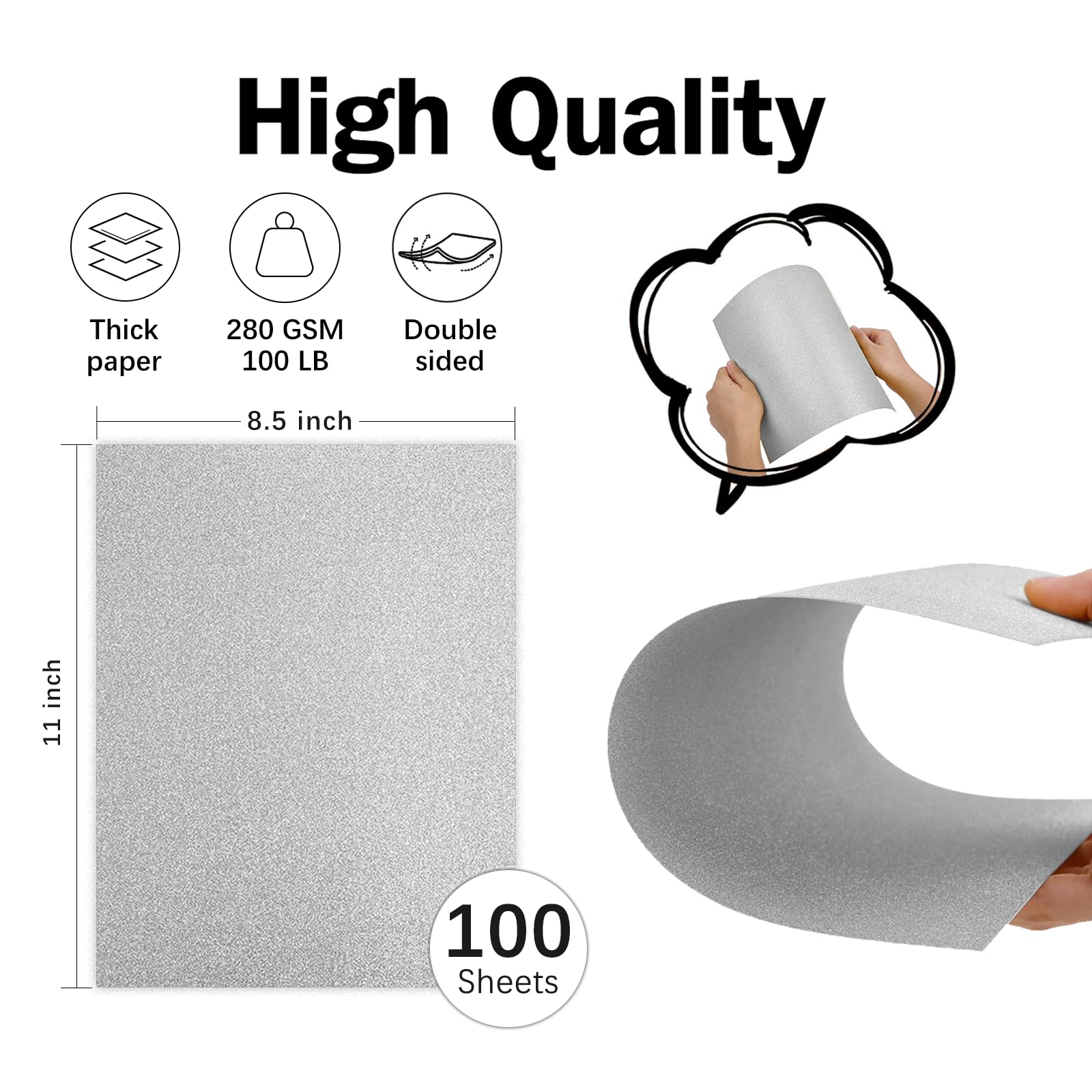 100 Sheets Silver Glitter Cardstock 8.5x11 Inches - Double-Sided Premium 100lb Shimmer Paper for Scrapbooking, DIY Invitations, Wedding Decor & Party Supplies - No Shedding, Non-Printable - Perfect for Crafting, Gift Wrapping & Home Decoration Projects