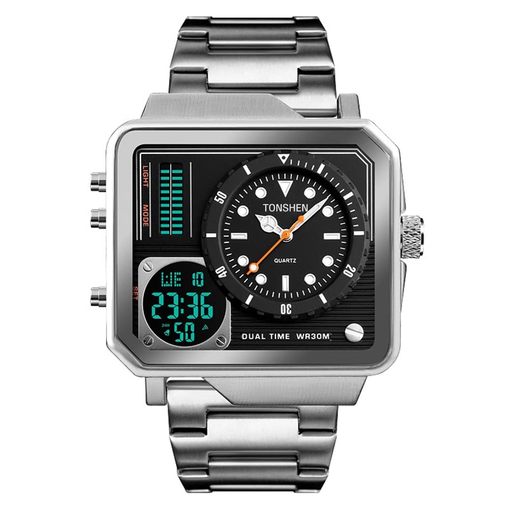 TONSHEN Men's Luxury Stainless Steel Digital Watch - Military Sports Analog Quartz LED Dual Time with Stopwatch, Alarm & Backlight - Perfect for Outdoor, Casual & Business Wear