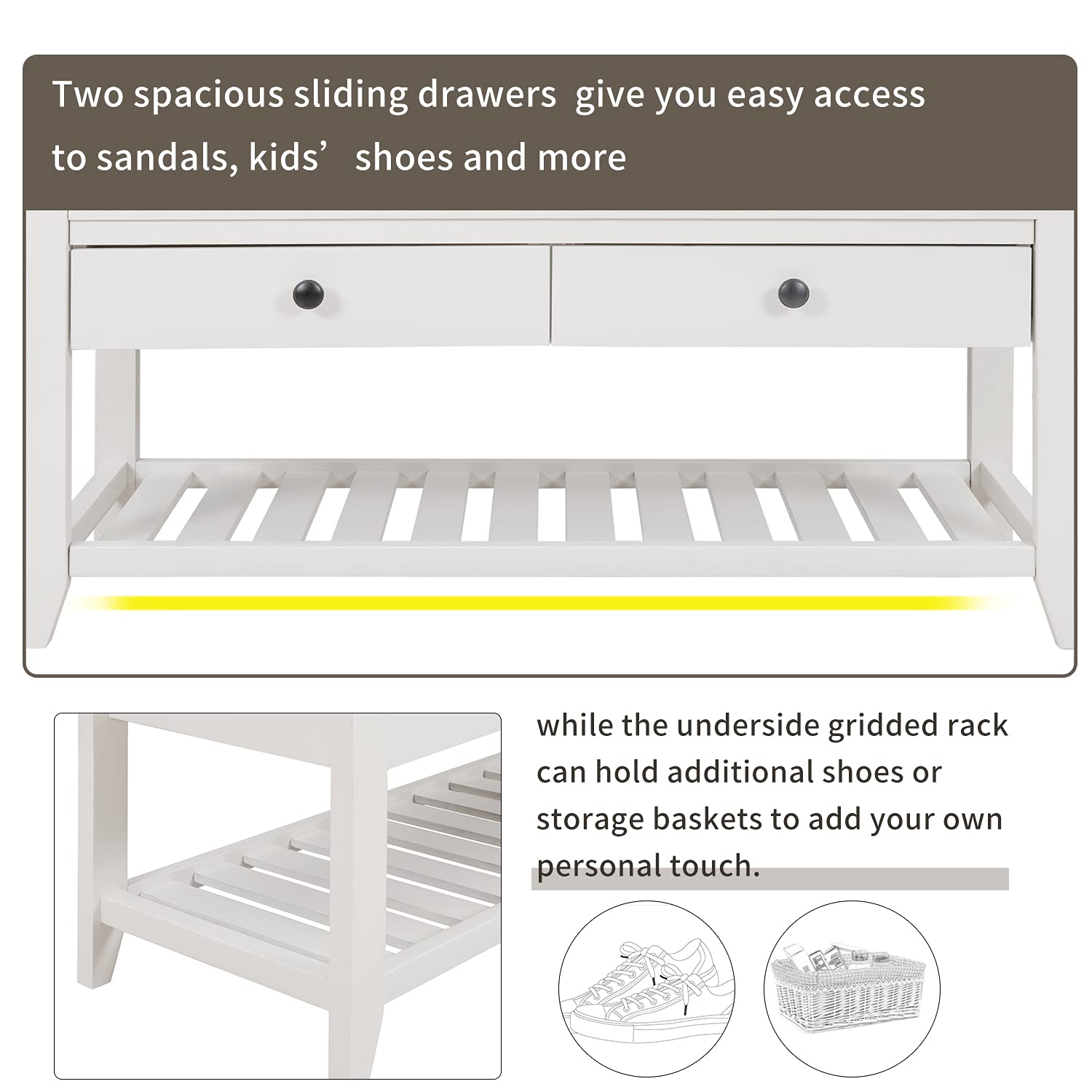 Multipurpose Storage Bench with Cushioned Seat & Drawers - White Entryway Shoe Rack Organizer for Hallway, Bedroom, or Mudroom Storage Solution