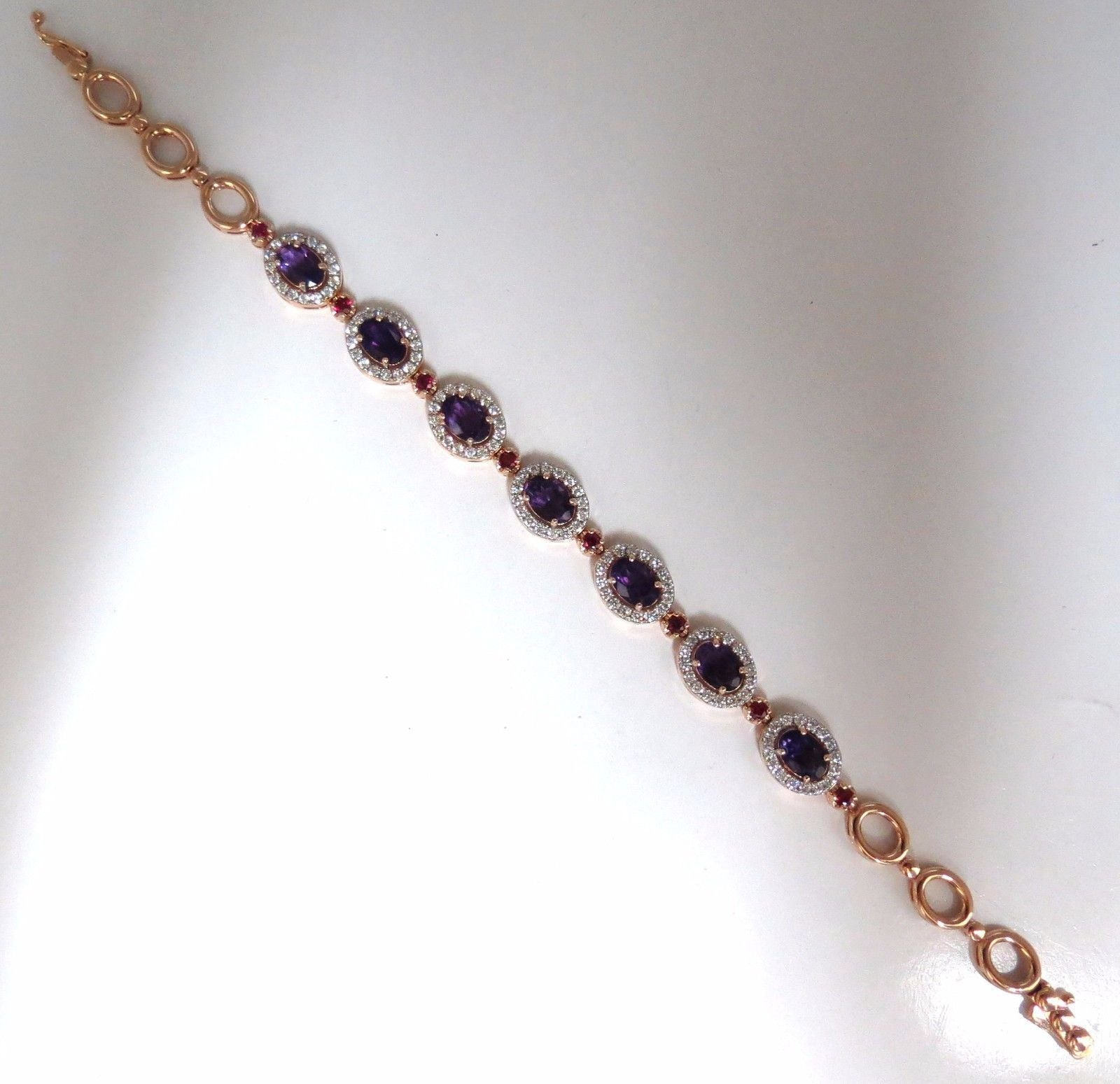 6.46ct Natural Amethyst & Ruby Diamond Halo Bracelet in 14K Gold - Elegant Jewelry for Weddings, Anniversaries & Special Occasions