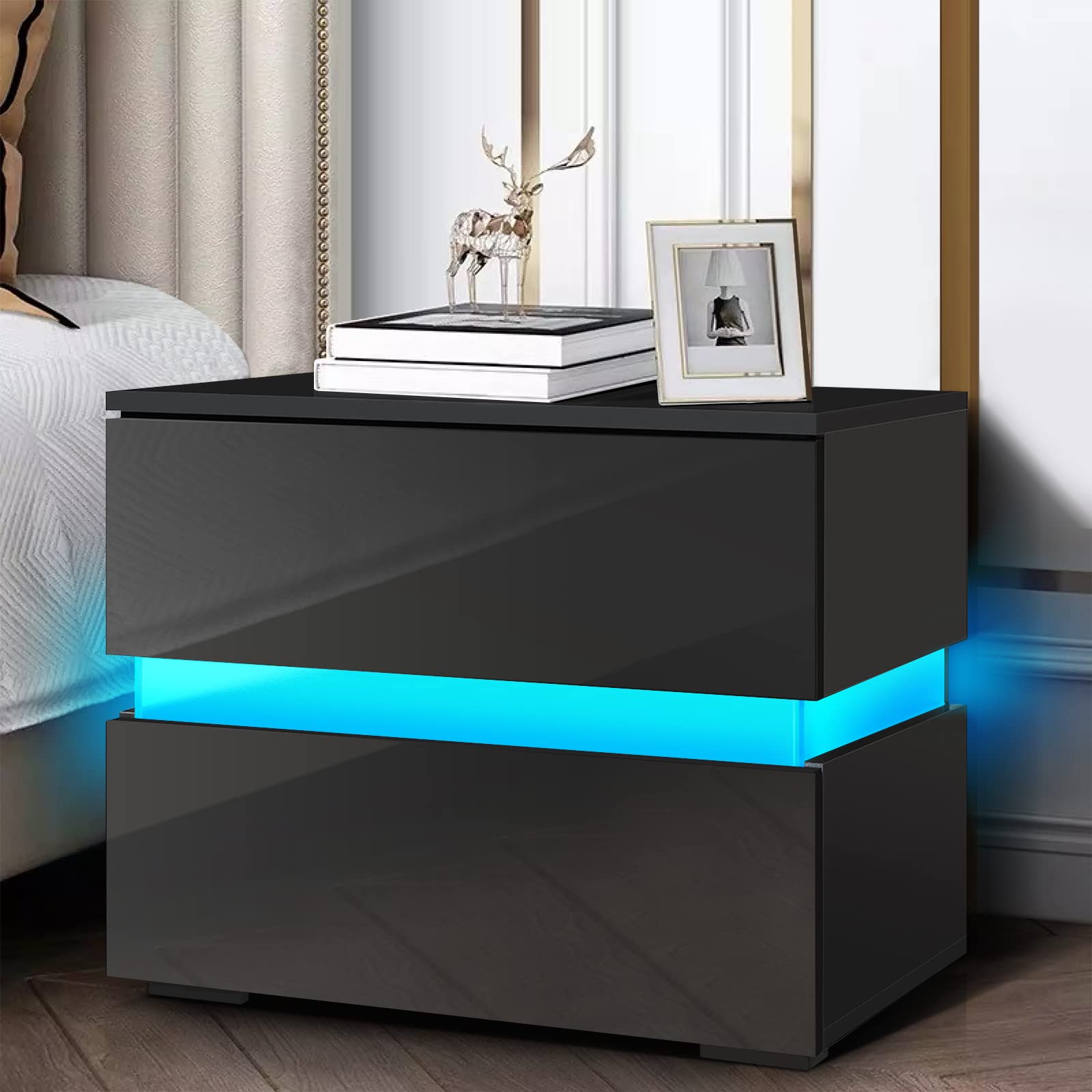 Modern Black LED Nightstand with 2 Drawers & Storage Cabinet - High Gloss Bedside Table with LED Lighting for Bedroom - Perfect for Small Spaces & Apartment Living