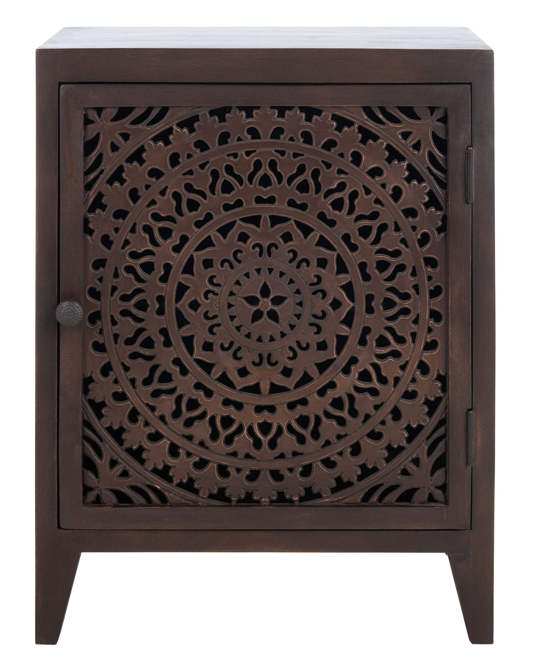 Safavieh Home Thea Brown 1-Door Carved Mandala Nightstand - Stylish Bedside Table for Bedroom Decor with Storage Shelf - Perfect for Small Spaces, Guest Rooms & Apartment Living