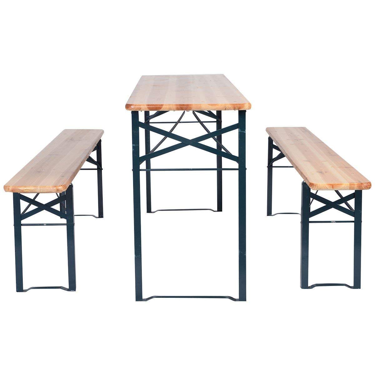 3-Piece Folding Wooden Beer Table Bench Set - Portable Outdoor Picnic Table for Patio, Garden, Backyard & Camping Use