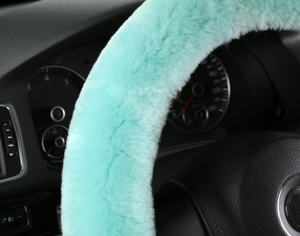 Premium Fluffy Wool Steering Wheel Cover - Genuine Sheepskin, Anti-Slip, Universal Fit for 15 Inch Wheels (Mint Green) | Luxury Car Interior Accessories for Women | Perfect for Winter Driving & Long Road Trips