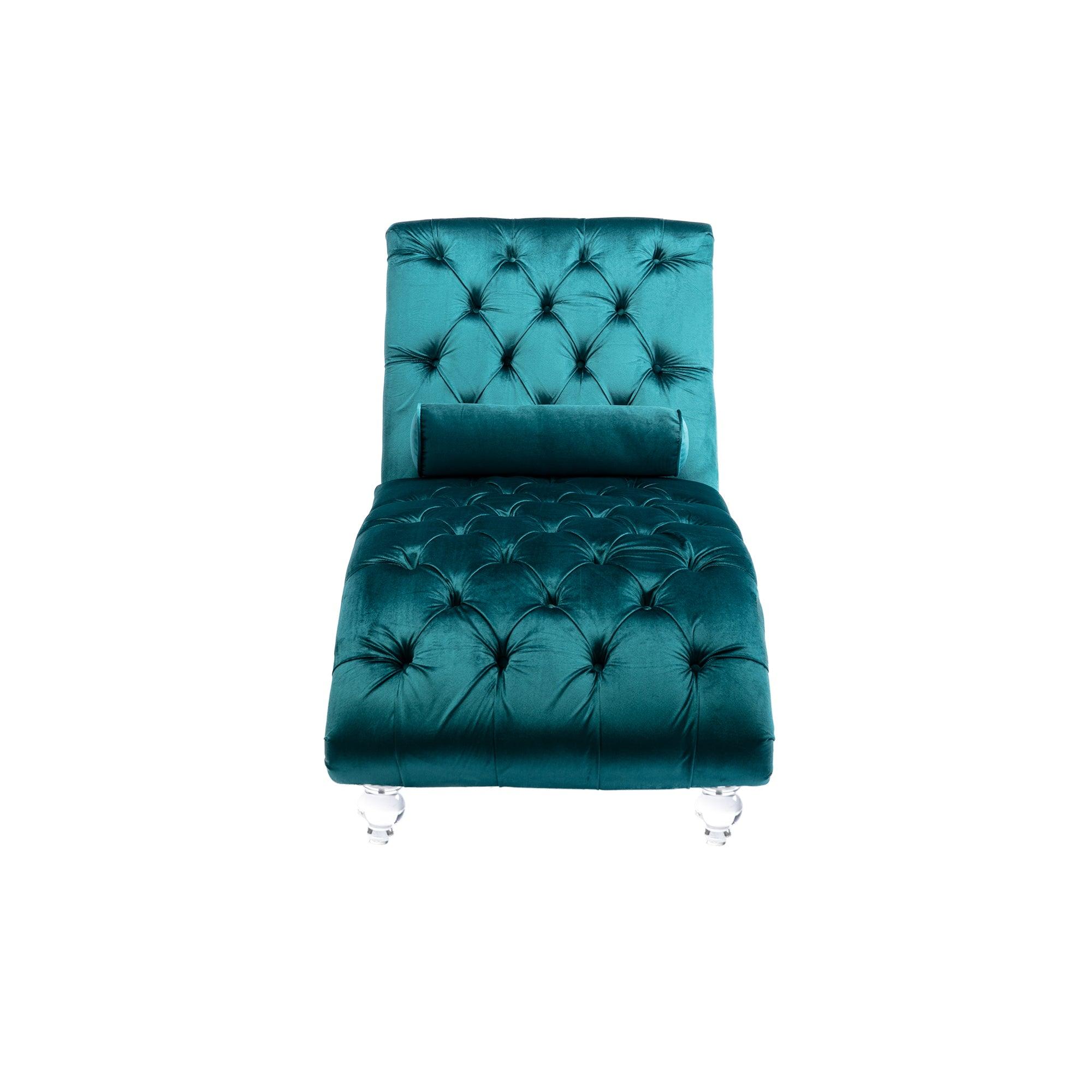 Luxury COOMORE Velvet Chaise Lounge Chair - Button Tufted Upholstered Sofa with Pillow for Bedroom, Living Room & Office - Teal Velvet - Perfect for Reading Nook, Lounge Area & Home Decor