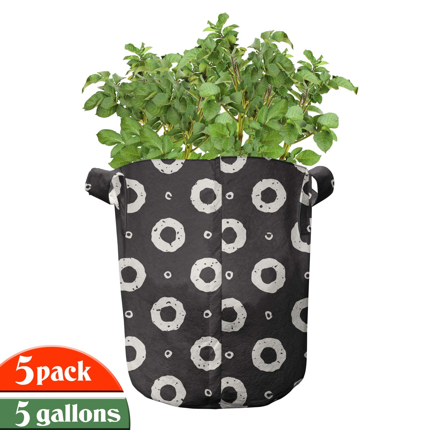 Ambesonne 5-Pack Black & White Donut Shaped Grow Bags - Heavy Duty 5 Gallon Fabric Pots with Handles for Plants - Perfect for Indoor/Outdoor Gardening, Vegetables, Flowers & Herbs