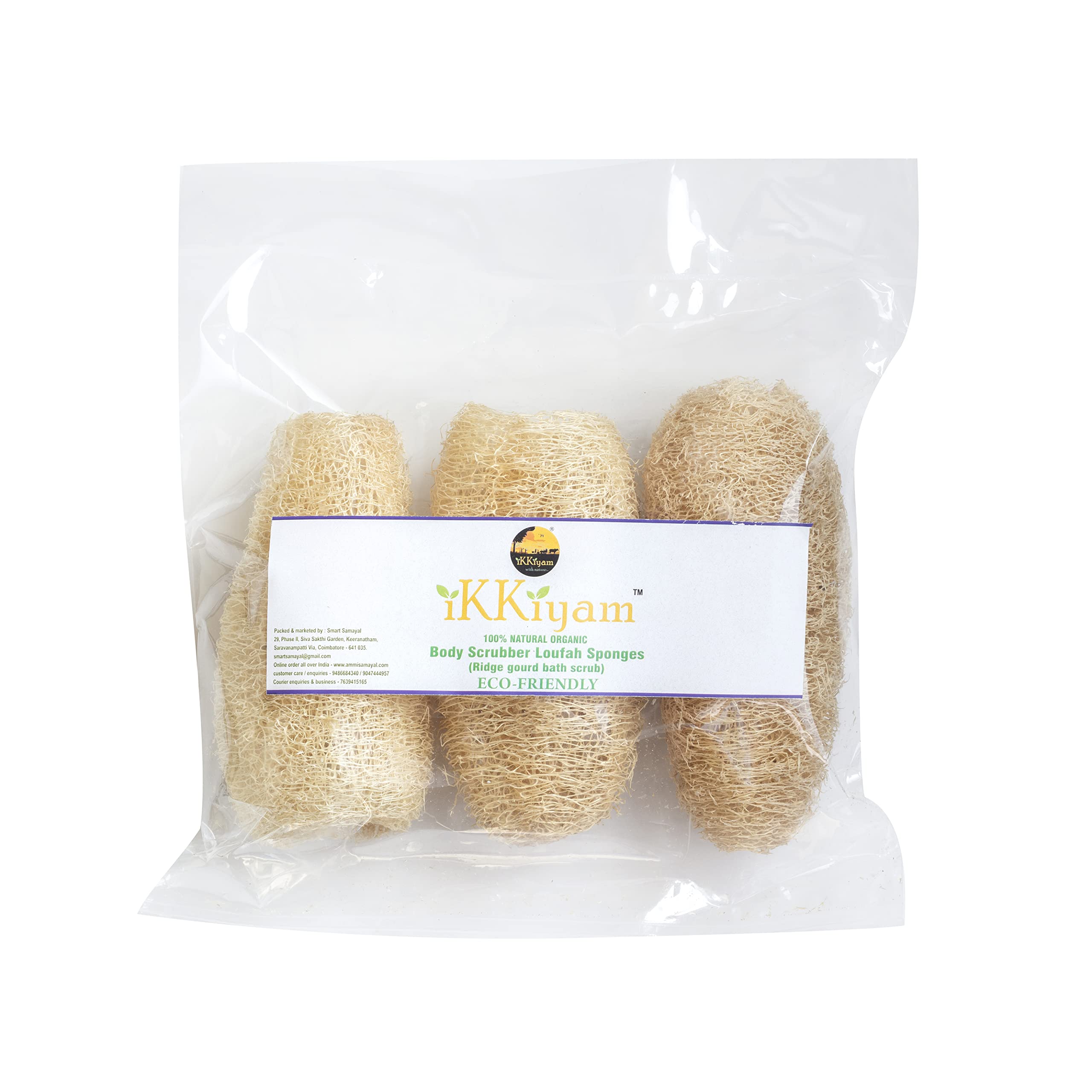 Ikkiyam Natural Loofah Ridge Gourd Bath Scrub | Soft & Gentle Exfoliating Body Scrubber | Biodegradable Eco-Friendly Sponge | Pack of 3 | Perfect for Shower, Bath & Spa Exfoliation