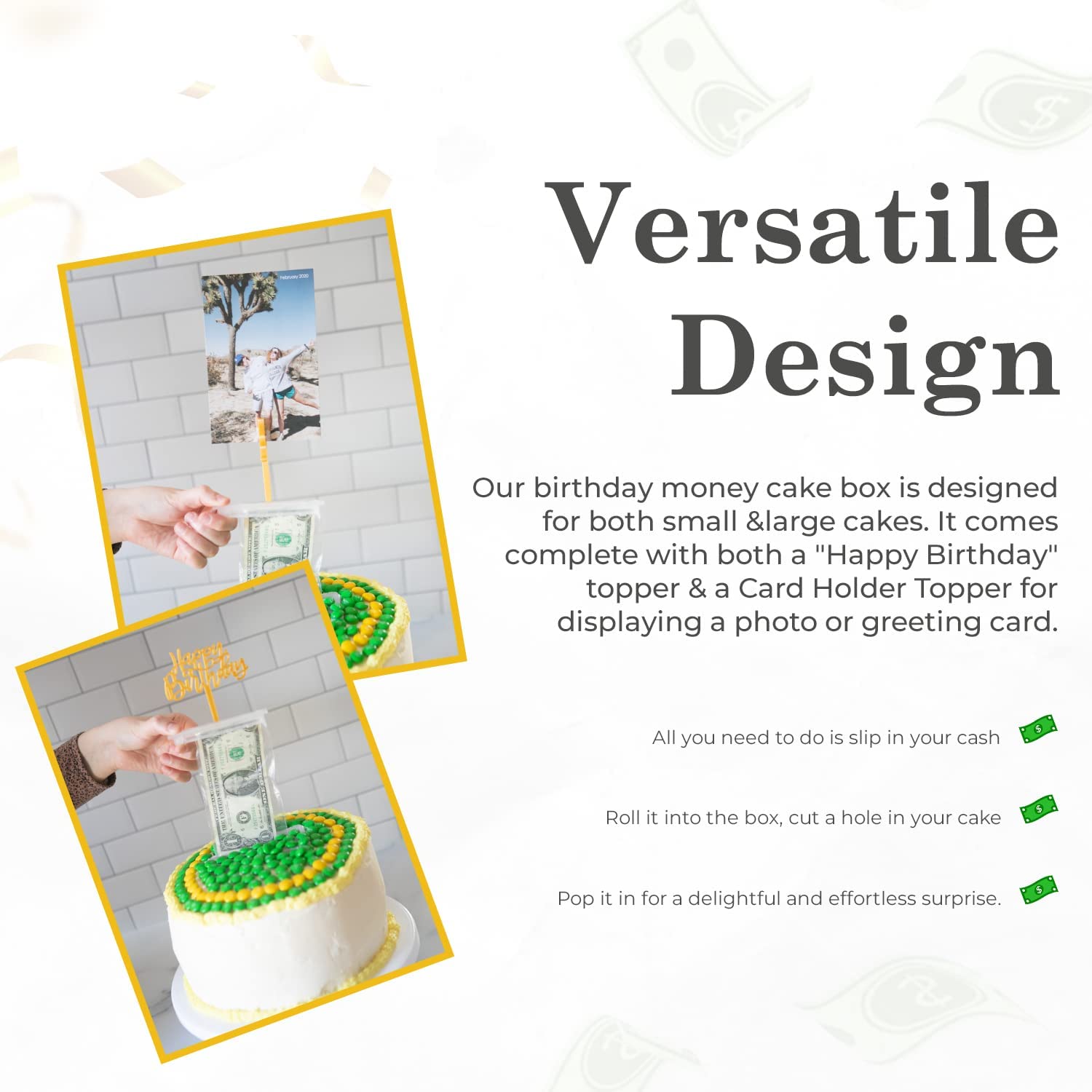 Money Cake Pull Out Kit - Includes 1 Money Box, 2 Plastic Rolls, 40 Transparent Bags & 2 Surprise Cake Toppers for Birthday & Graduation Parties - Perfect for Cash Gifts at Celebrations, Baby Showers, and Special Events