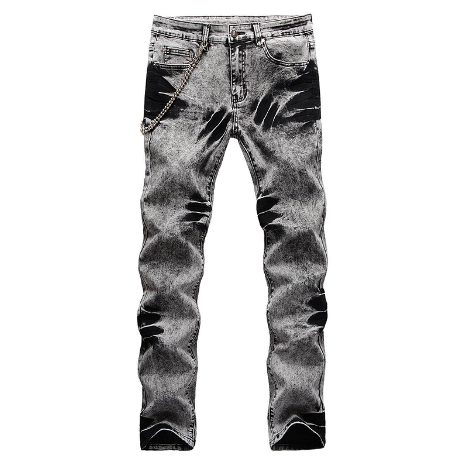 Men's Retro Tie-Dye Washed Hip-Hop Jeans with Chain Detail - Slim Fit Comfortable Straight Leg Dark Grey Denim Pants Size 40 | Streetwear Fashion for Casual Outfits & Urban Style