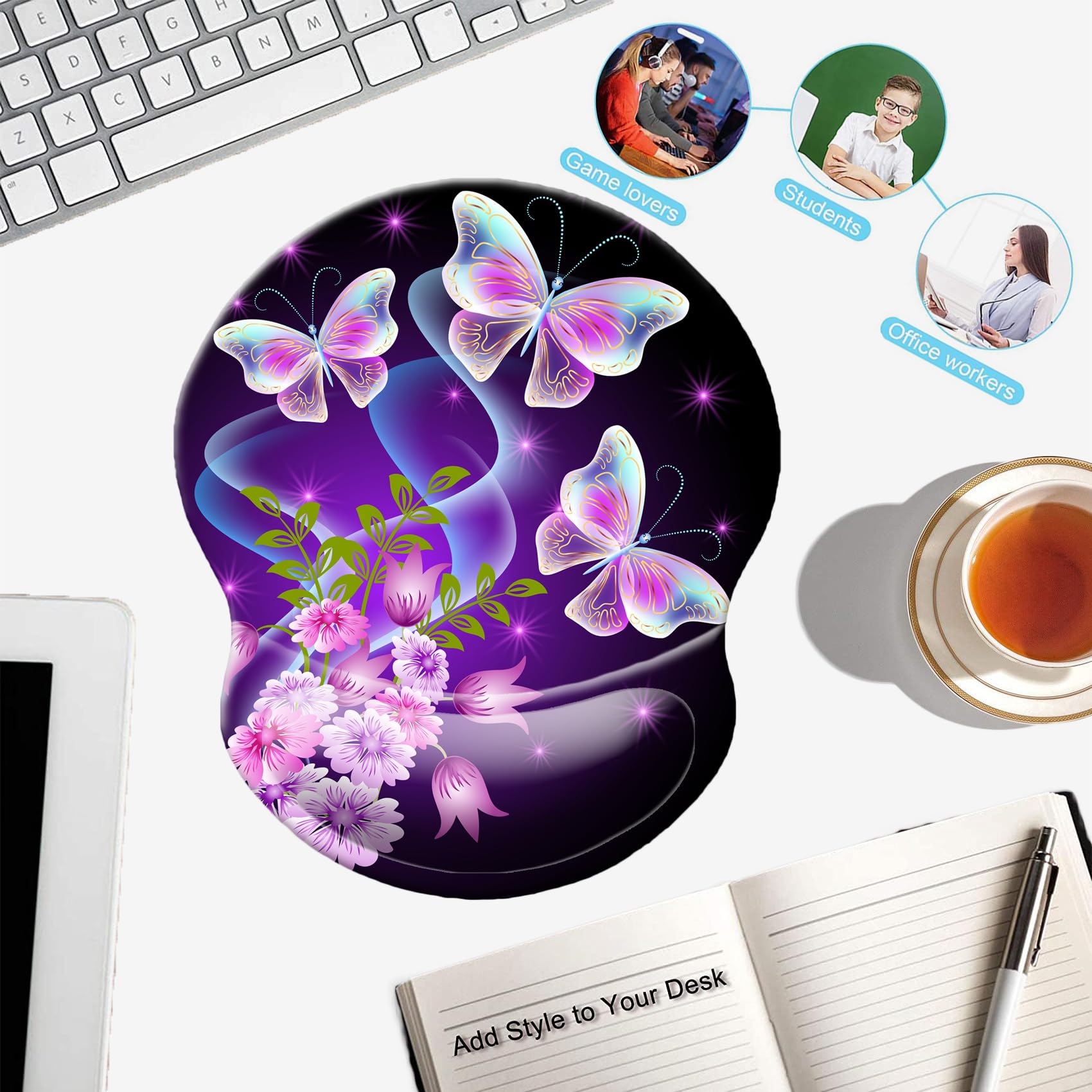 Ergonomic Mouse Pad with Wrist Support - Non-Slip Desk Mat for Office, Computer, Laptop & Mac - Comfortable & Lightweight Mousepad for Long Work Hours (DL-Butterfly) - Perfect for Gaming, Programming & Office Work