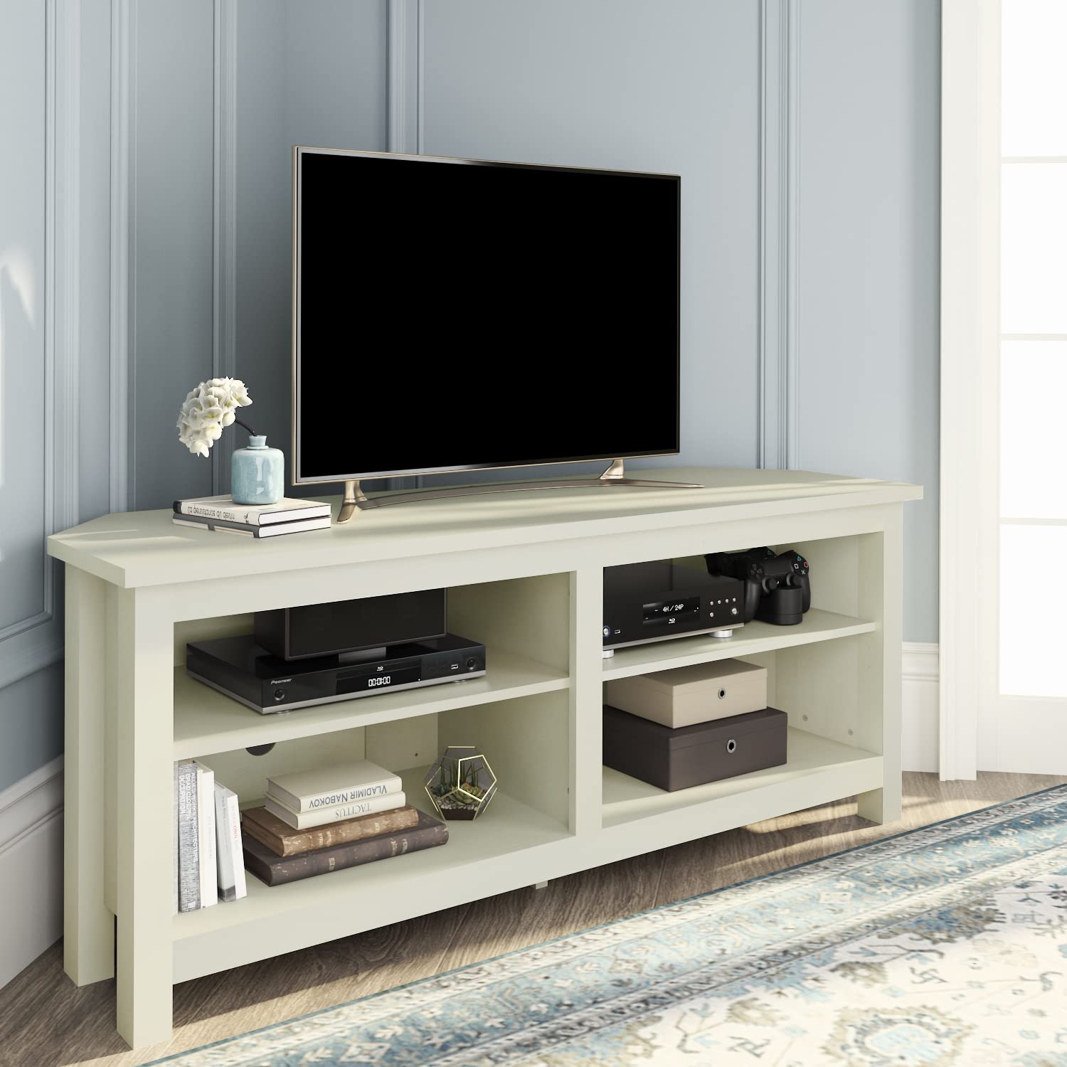 HOOMIC 58 Inch Rustic Farmhouse TV Stand for 65 Inch TVs - Solid Wood Corner Entertainment Center with 4 Open Shelves, Storage Cabinet for Living Room & Bedroom - Perfect for Small Spaces & Cozy Home Decor (White)