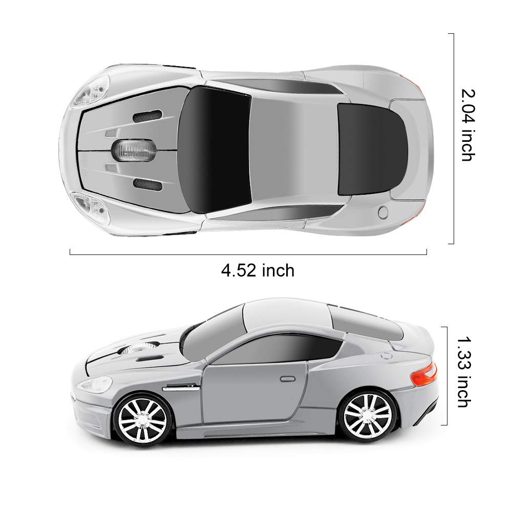 Wireless 3D Optical Sports Car Mouse - 2.4GHz 1000DPI LED Gaming Mouse for PC Laptop Desktop - Perfect for Gaming, Office Work & Home Use (Silver)
