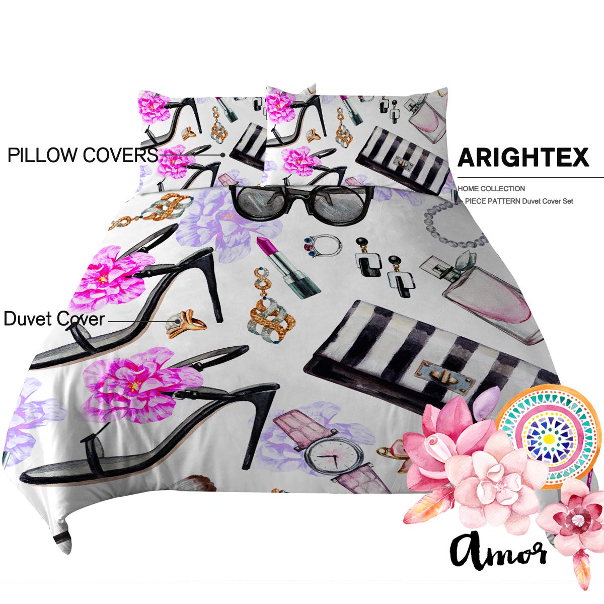 Stylish Women's Makeup & Beauty Themed Duvet Cover Set - 3 Piece Queen Size Bedding with Perfume & Lipstick Print - Perfect for Teen Girls' Rooms, Dorm Decor & Chic Bedroom Makeovers