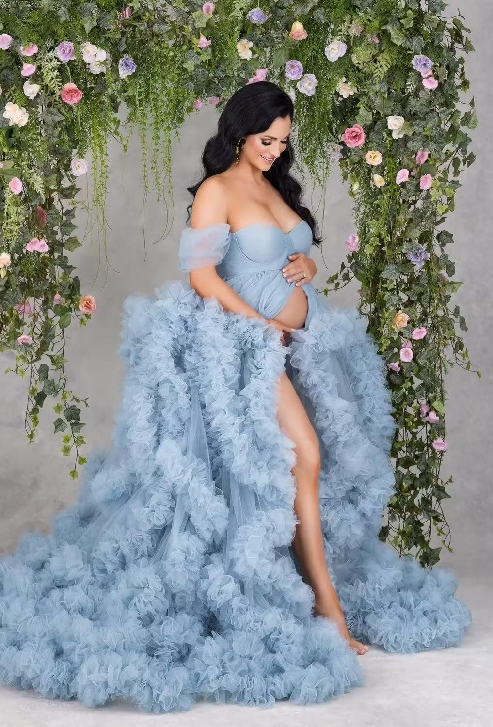 Elegant Maternity Photo Shoot Dress - Women's Tulle Robe with Puffy Ruffles, Bridal Lingerie & Illusion Scarf for Wedding, Boudoir & Bathgown - Perfect for Maternity Photoshoots, Bridal Showers & Romantic Occasions
