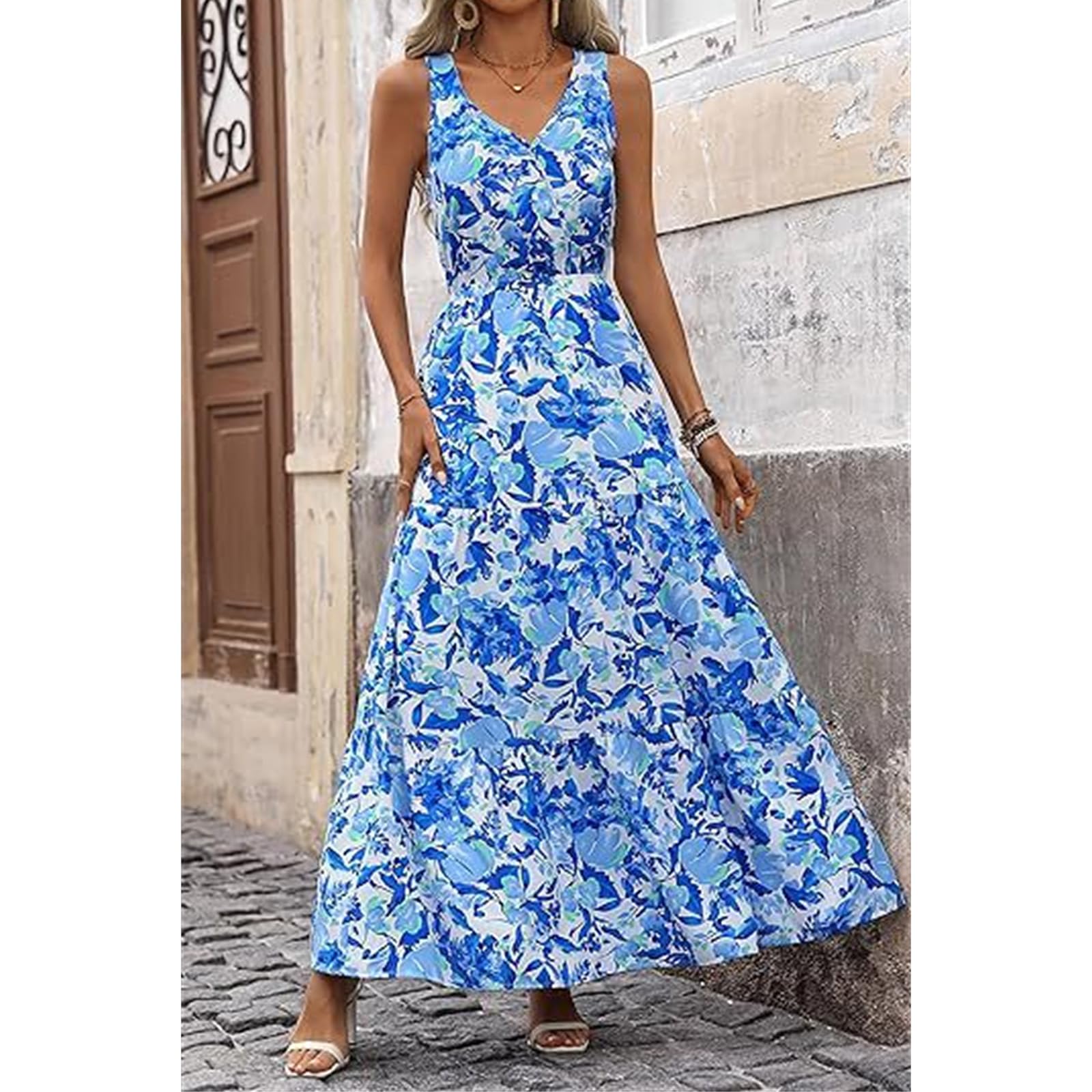 Boho Floral Maxi Dress for Women - Sleeveless Flowy Tiered Long Dress for Beach, Wedding Guest & Casual Wear | Summer Boho Chic Style