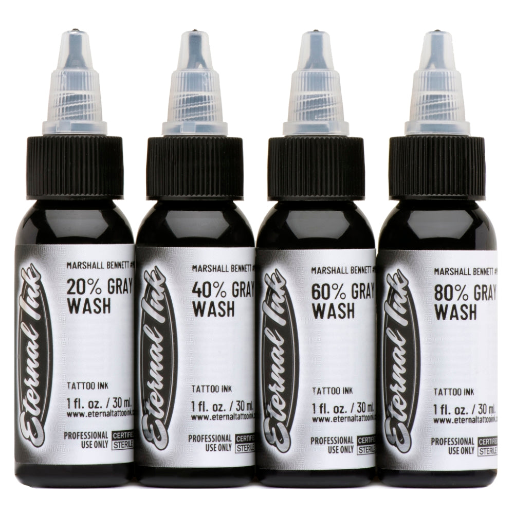 Eternal Tattoo Ink Marshall Bennett Gray Wash Set of 4 - Professional Tattoo Supplies for Artists | Perfect for Shading and Realistic Tattoo Designs
