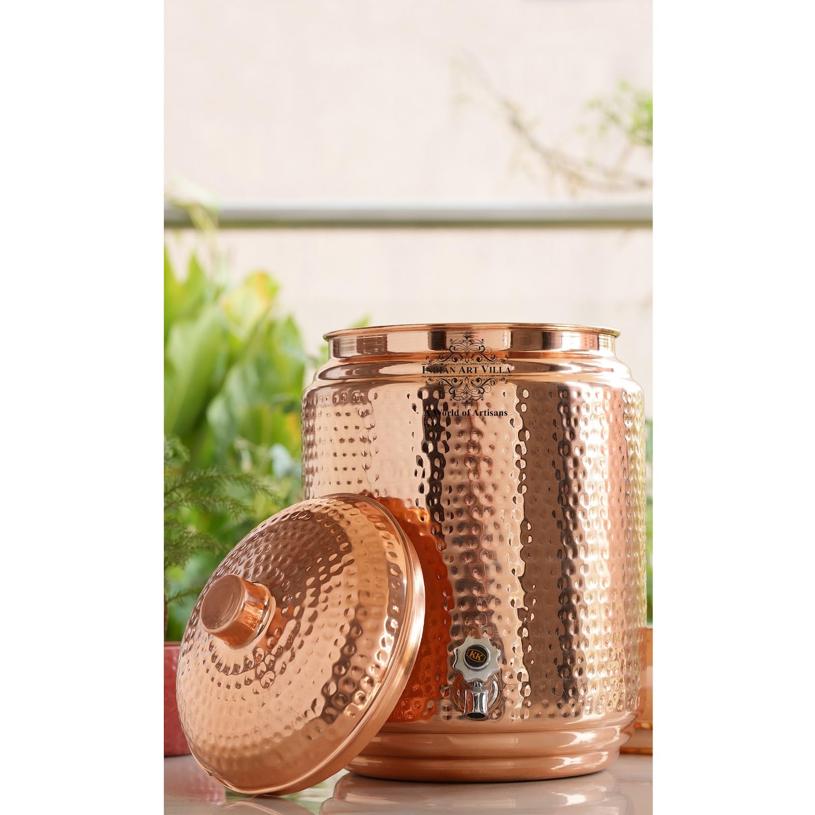 Handcrafted Indian Art Villa Hammered Copper Matka Water Dispenser with Lid & Brass Tap - 115 Oz Traditional Storage & Serving Pot for Home, Office, Weddings & Festivals | Perfect for Ayurvedic Water, Party Drinks & Decorative Centerpiece