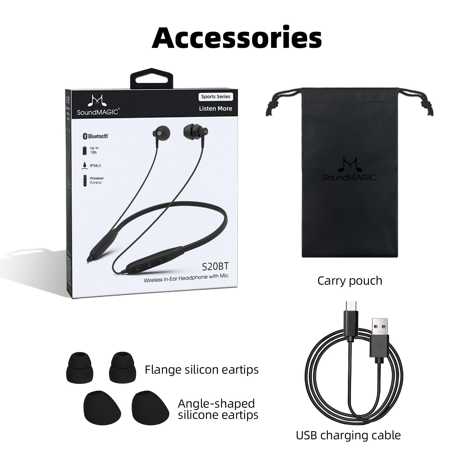 Soundmagic S20BT Wireless Bluetooth Neckband Headphones - HiFi Stereo Earbuds with Mic, Lightweight Sports Earphones, 30H Playtime, Stable Connection (Black) - Perfect for Running, Gym, Workouts & Commuting